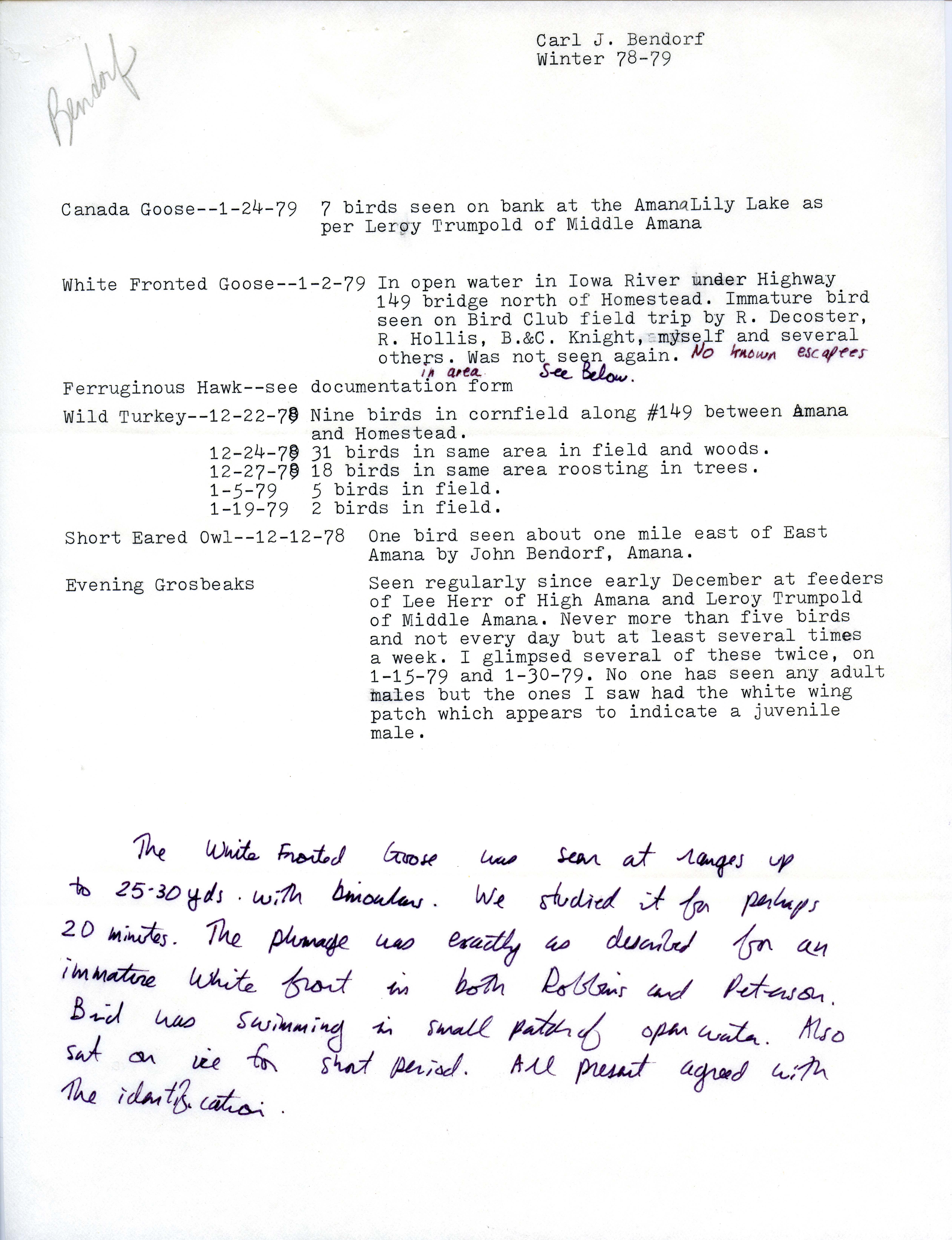 Field notes contributed by Carl J. Bendorf, winter 1978-1979