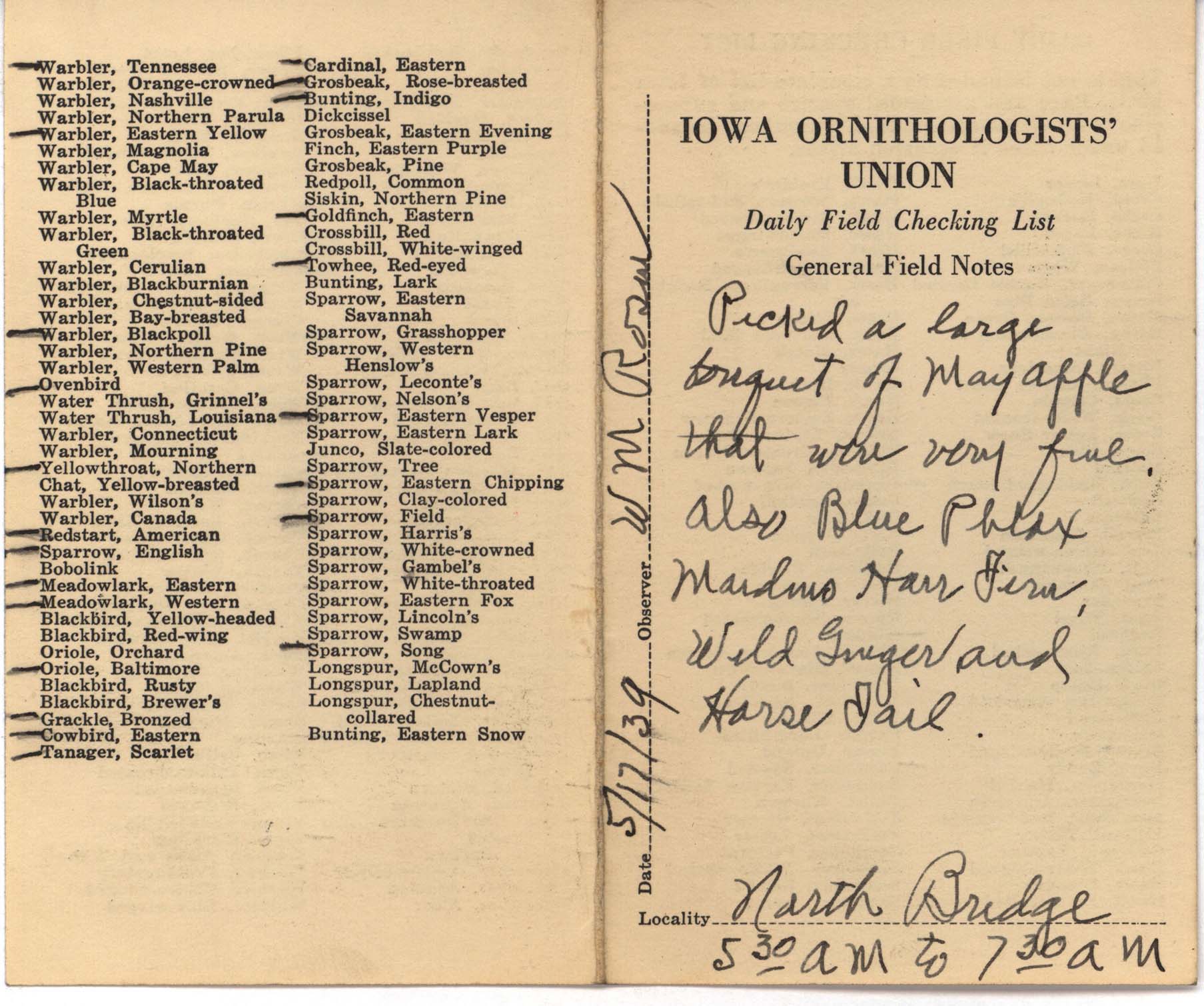 Daily field checking list by Walter Rosene, May 17, 1939