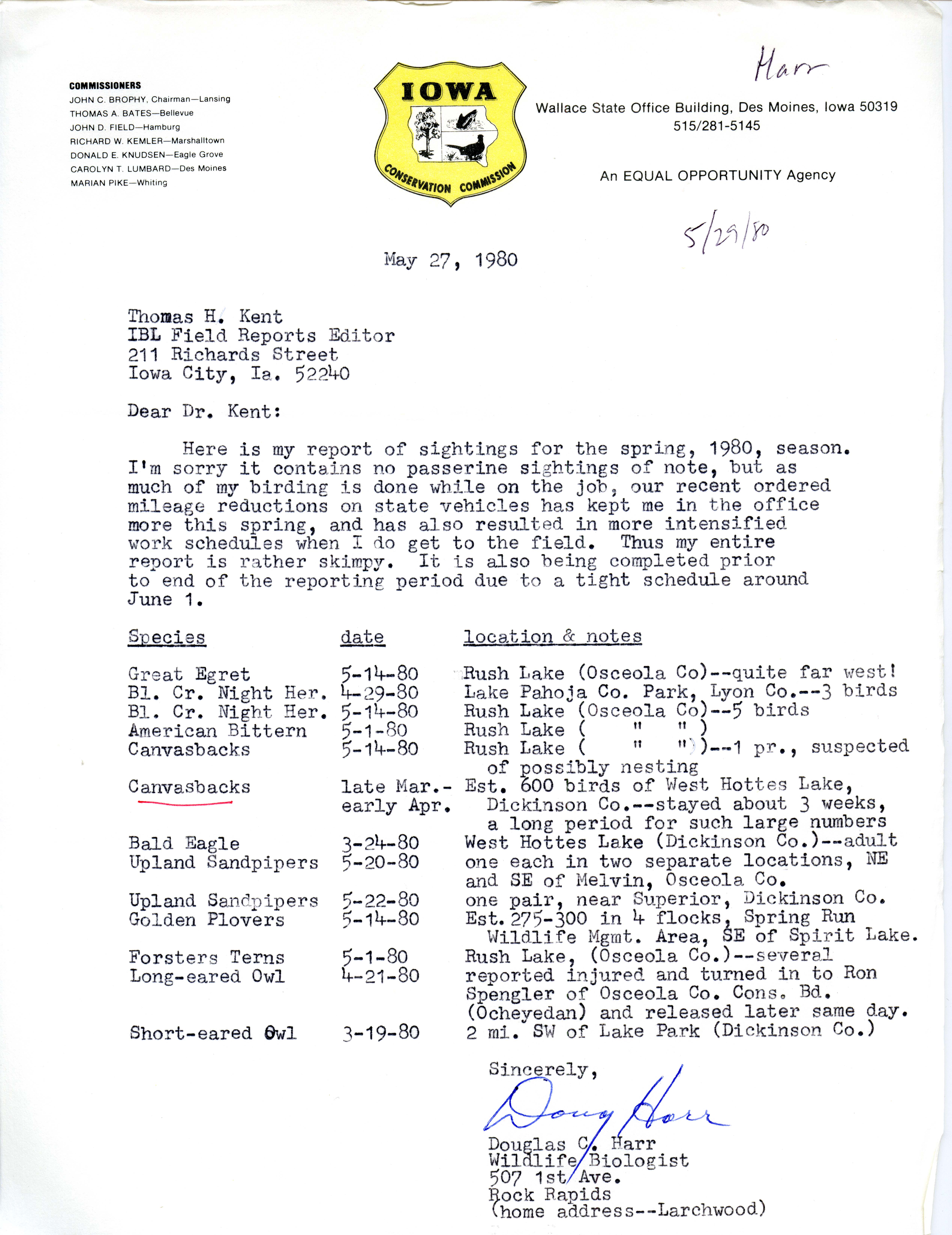Douglas C. Harr letter to Thomas H. Kent regarding bird sightings, May 27, 1980
