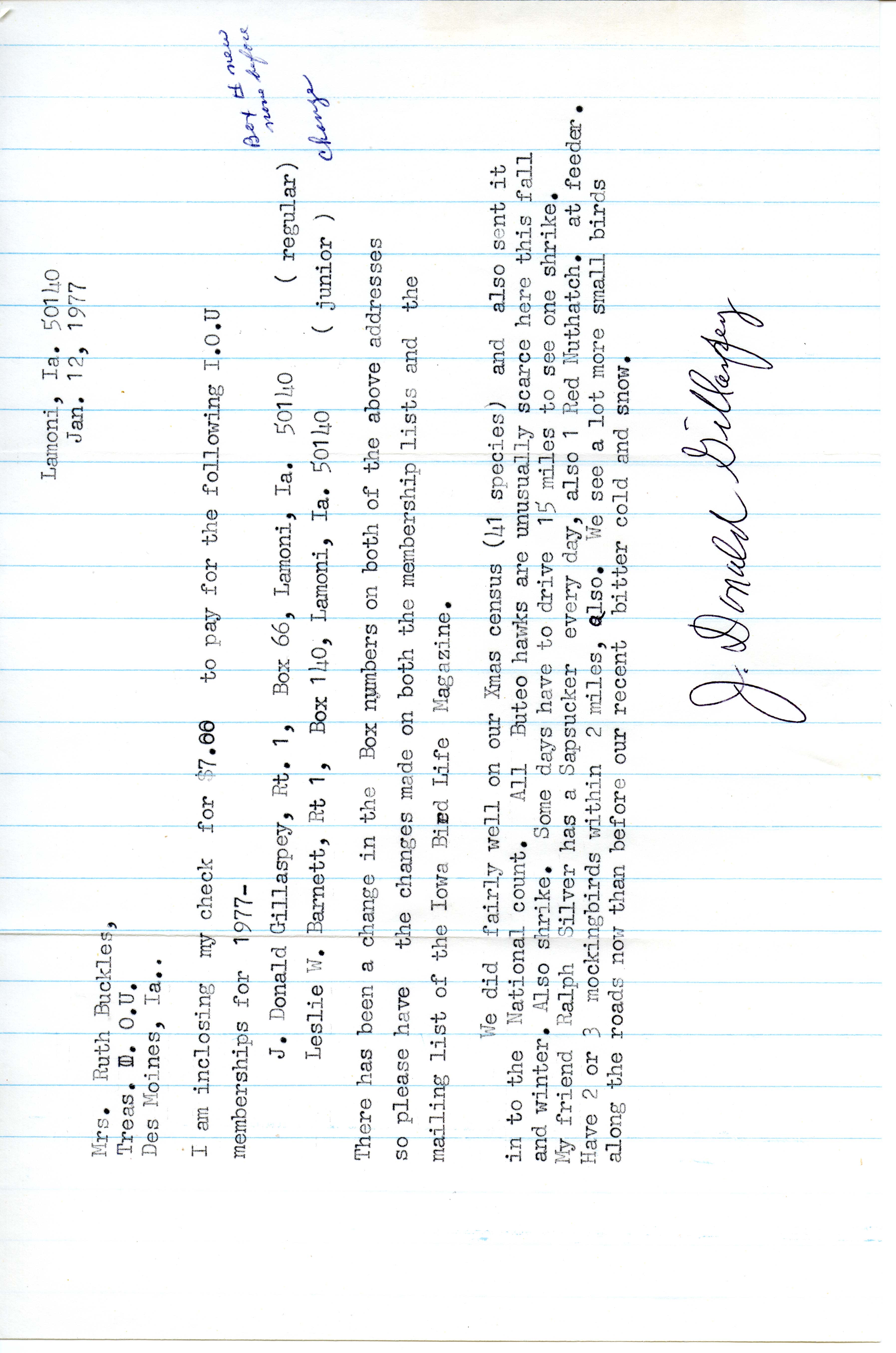 J. Donald Gillaspey letter to Ruth Buckles regarding bird sightings, January 12, 1977
