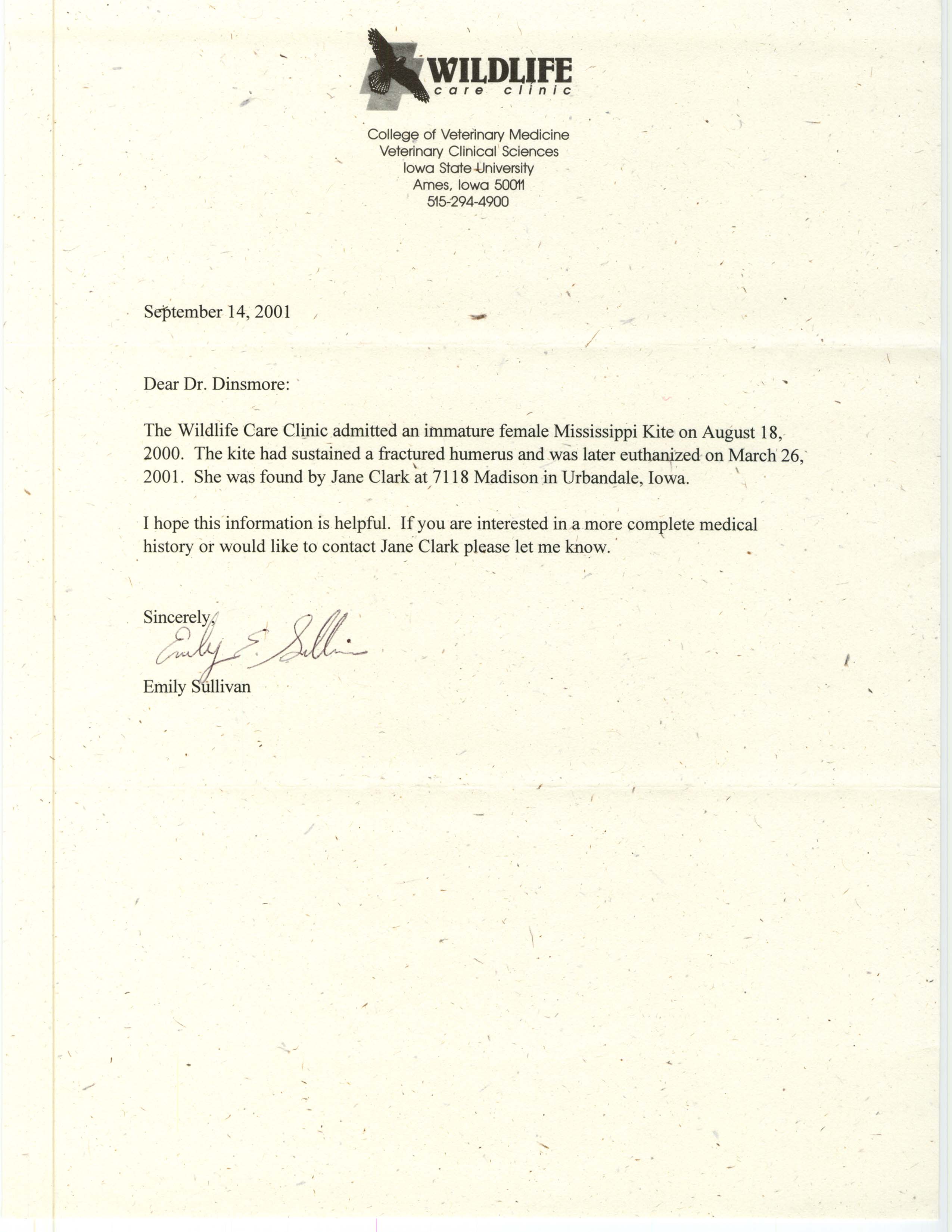 Emily Sullivan letter to James J. Dinsmore regarding an injured immature Mississippi Kite, September 14, 2001