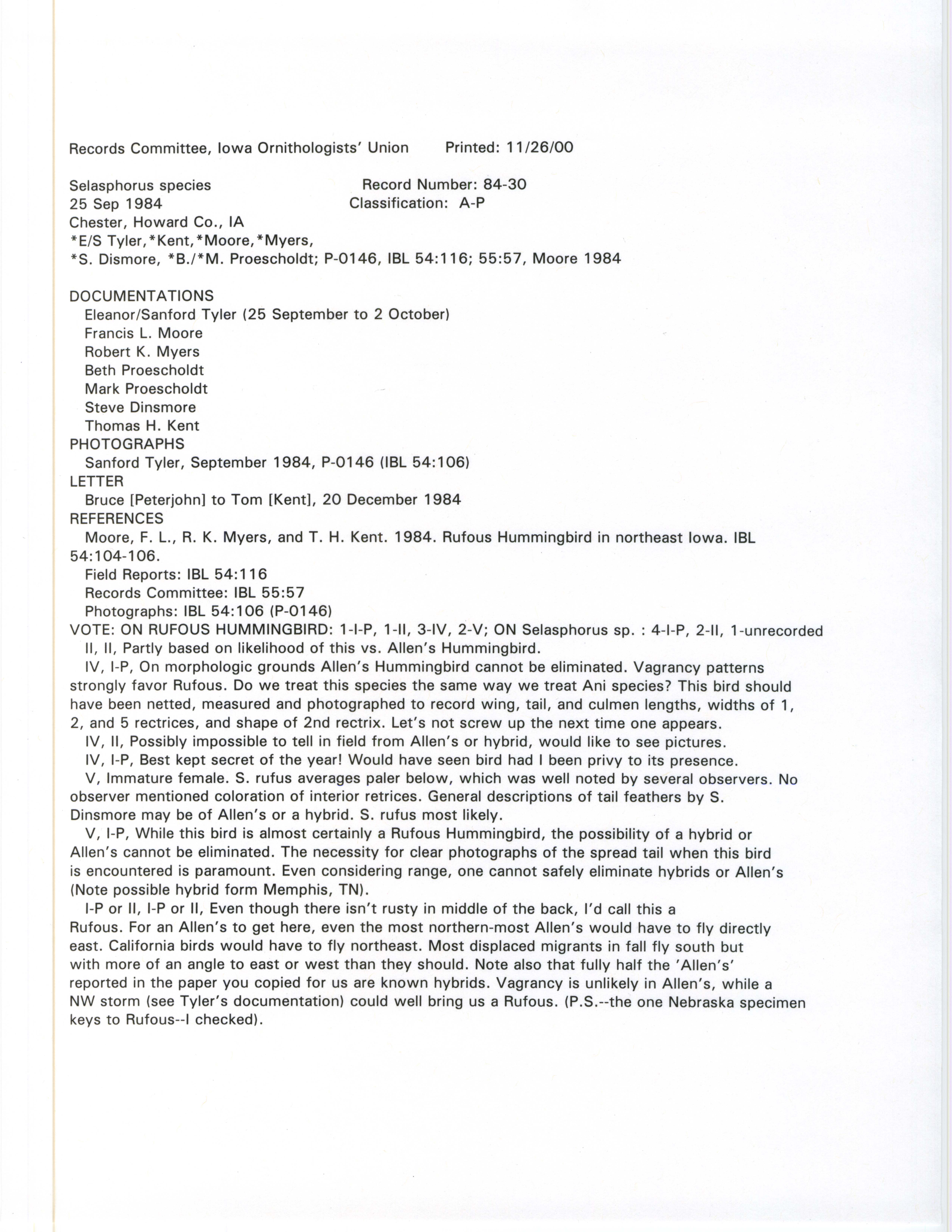 Records Committee review for rare bird sighting for Selasphorus species at Chester, 1984
