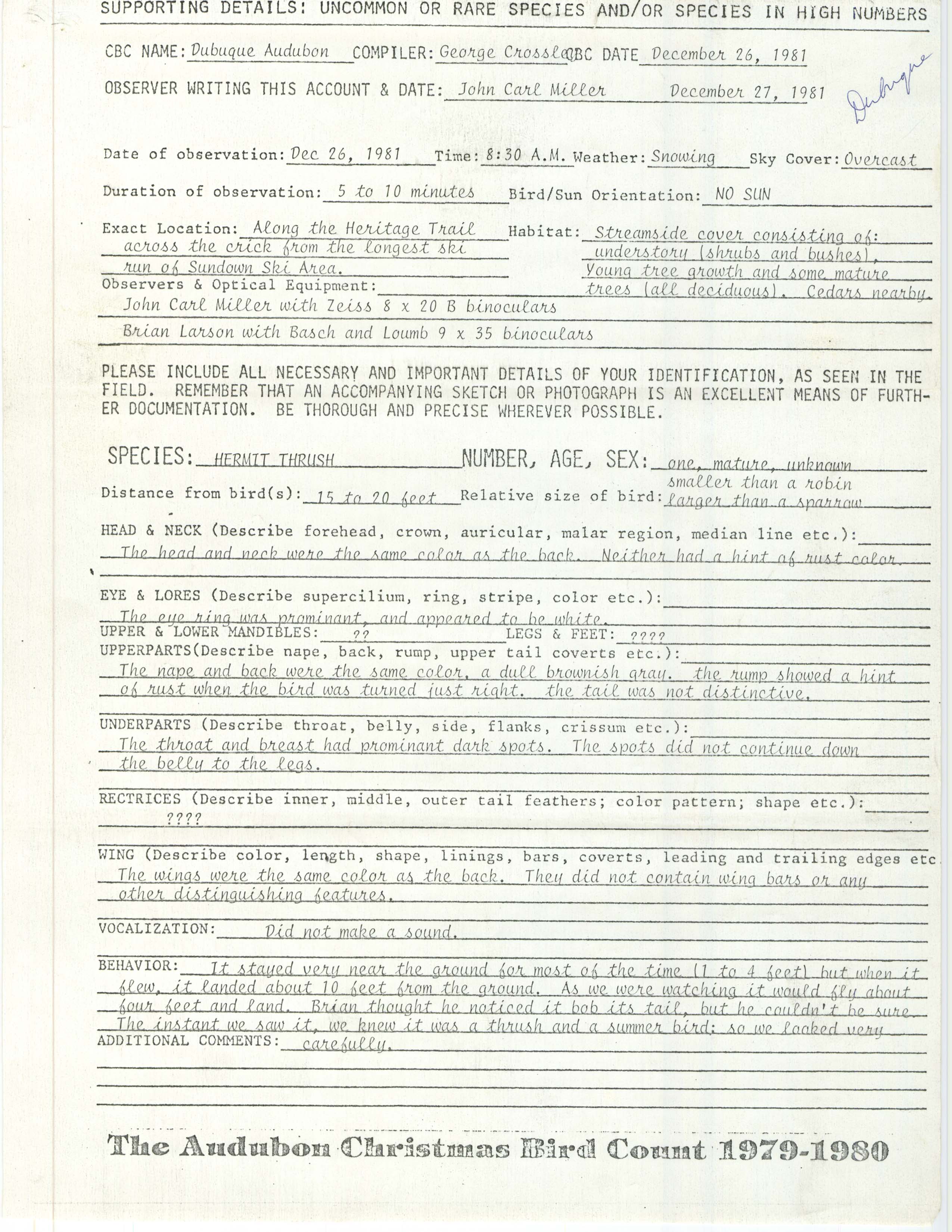 Rare bird documentation form for Hermit Thrush at Sundown Ski Area near Asbury, 1981