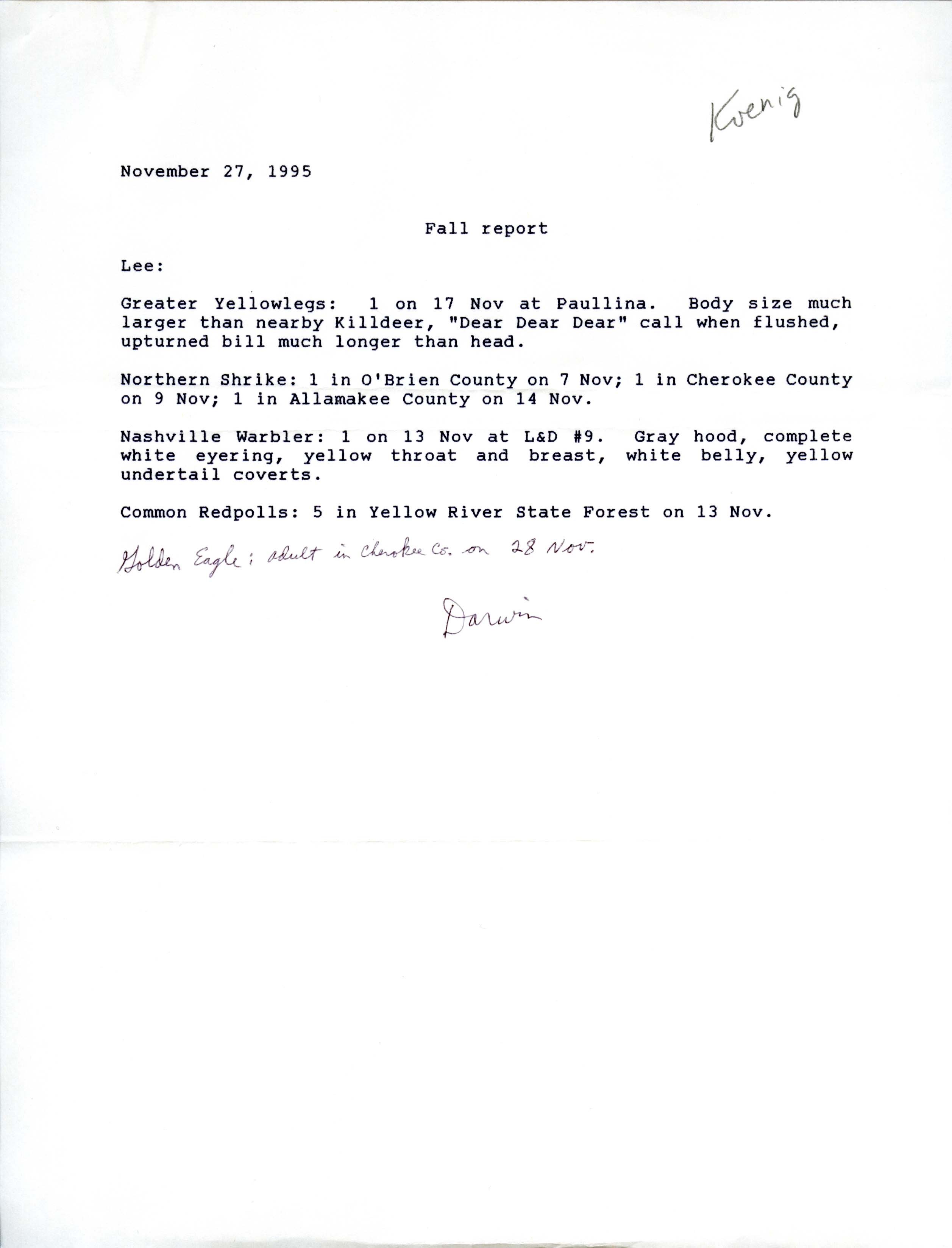 Darwin Koenig letter to Lee A. Schoenewe regarding bird sightings, November 27, 1995