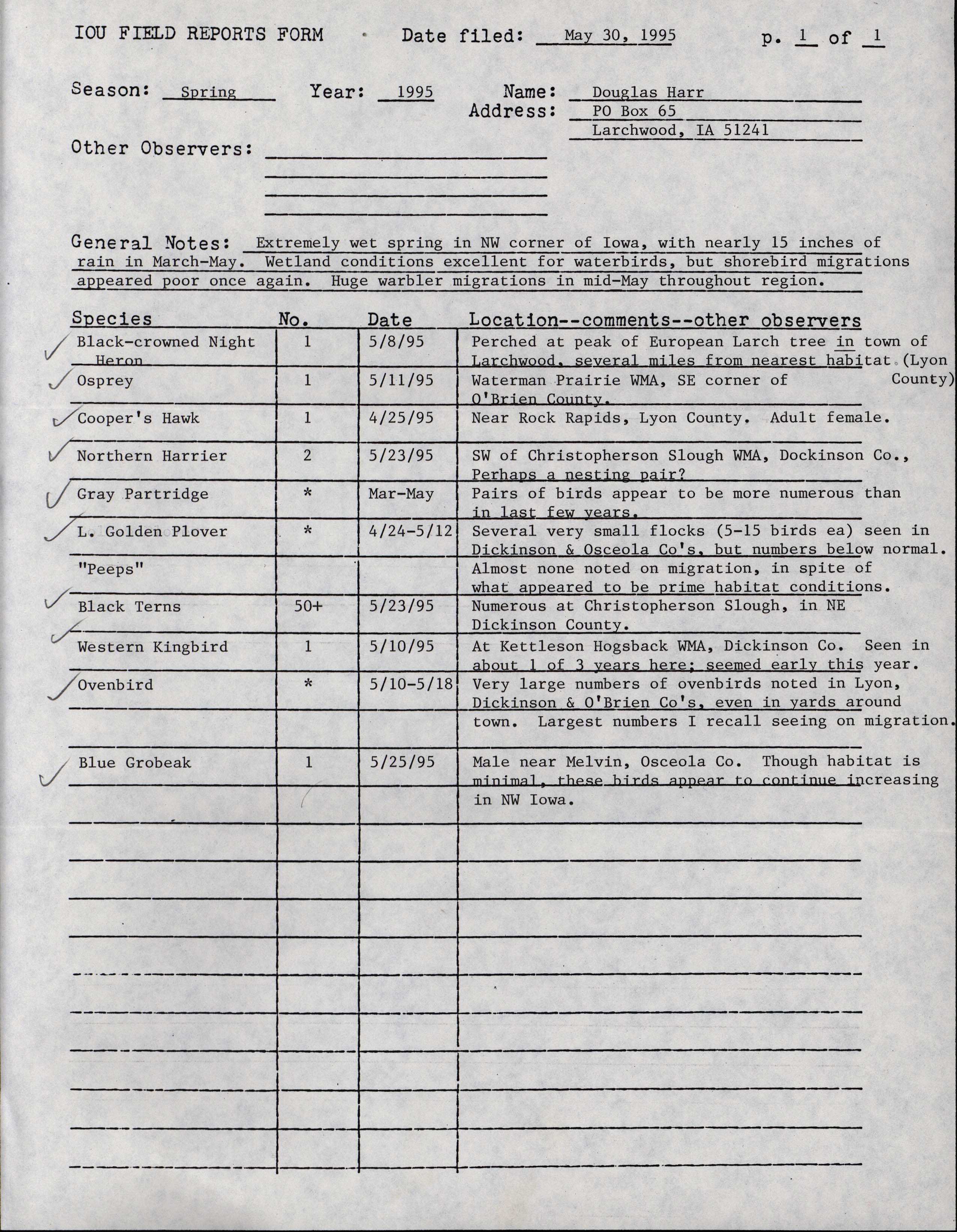 Field reports form for submitting seasonal observations of Iowa birds, spring 1995, Douglas Harr