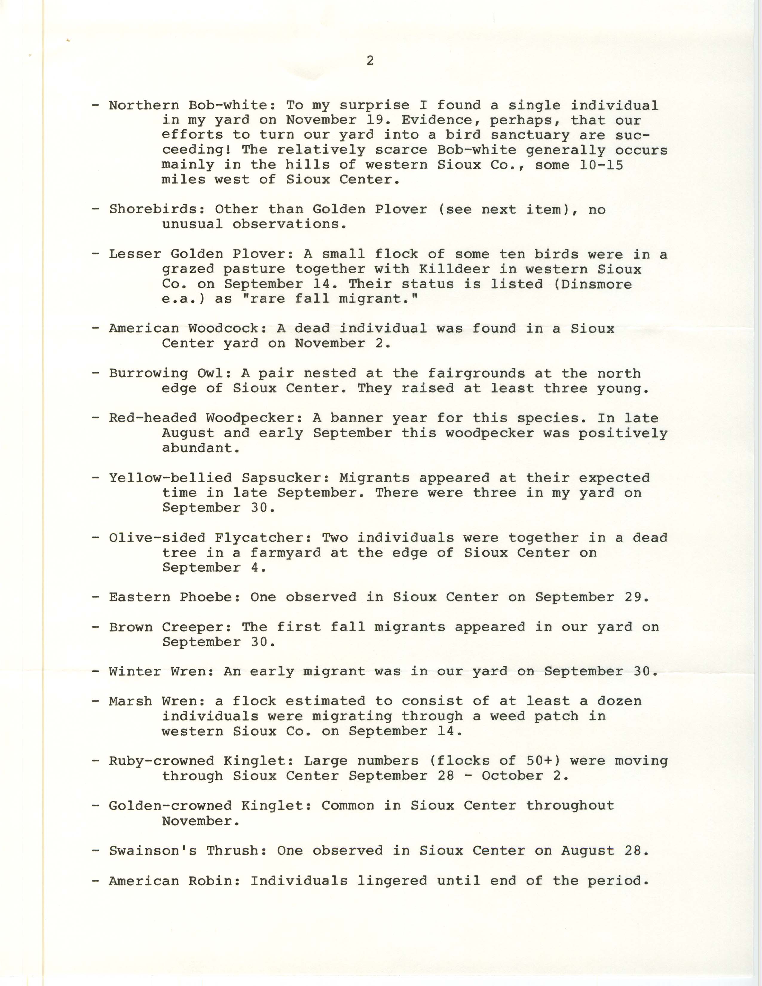 John Van Dyk letter to Carl J. Bendorf regarding bird sightings, fall 1988