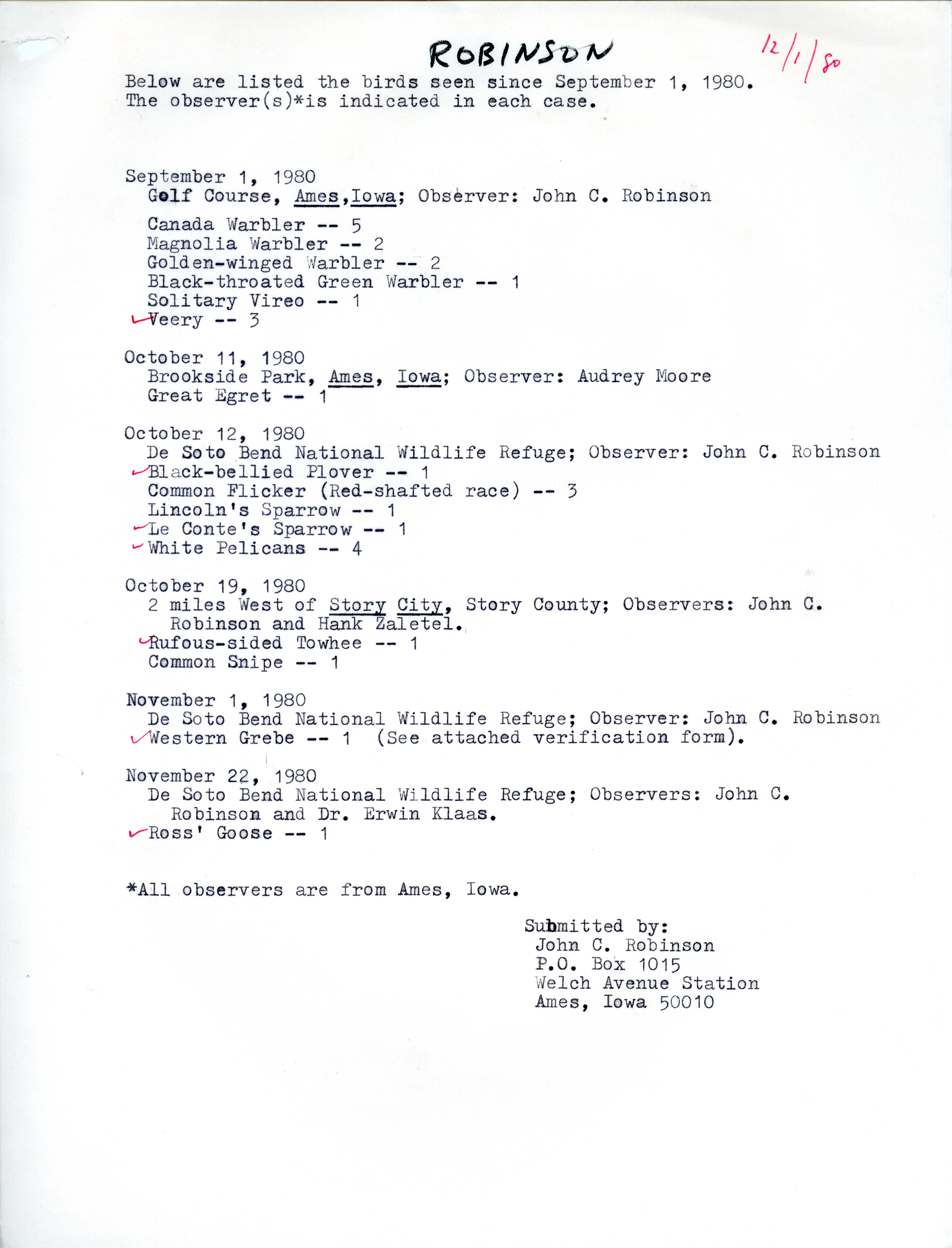 John C. Robinson list of birds seen since September 1, 1980