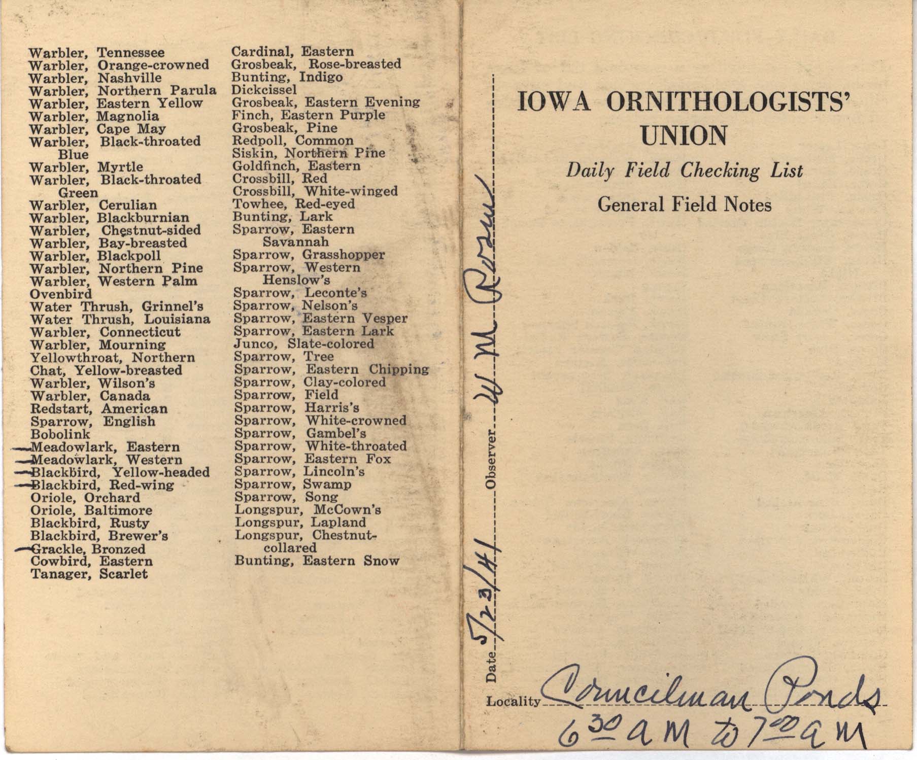 Daily field checking list by Walter Rosene, May 23, 1941