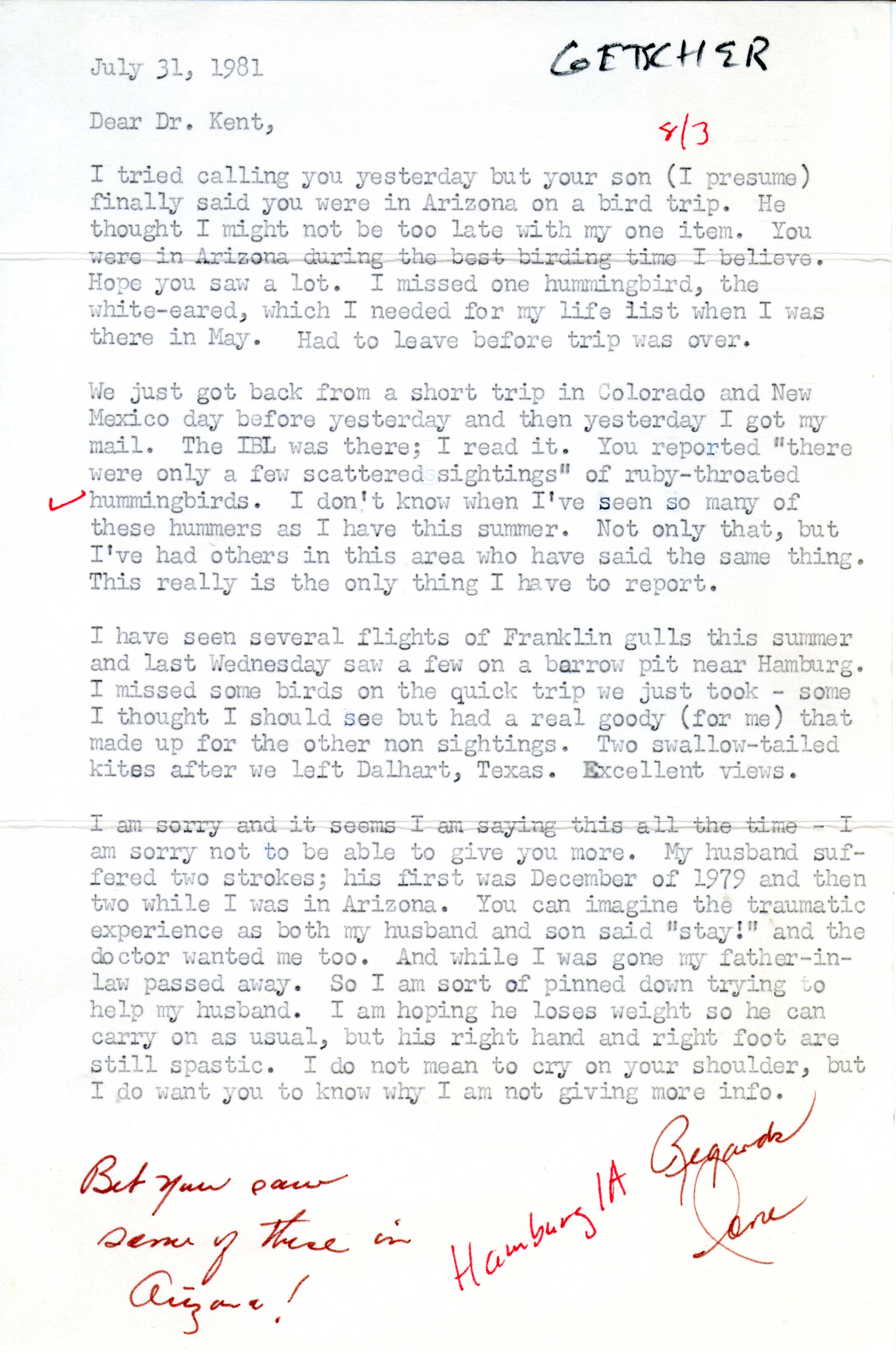 Ione Getscher letter to Thomas H. Kent regarding summer bird sightings, July 31, 1981
