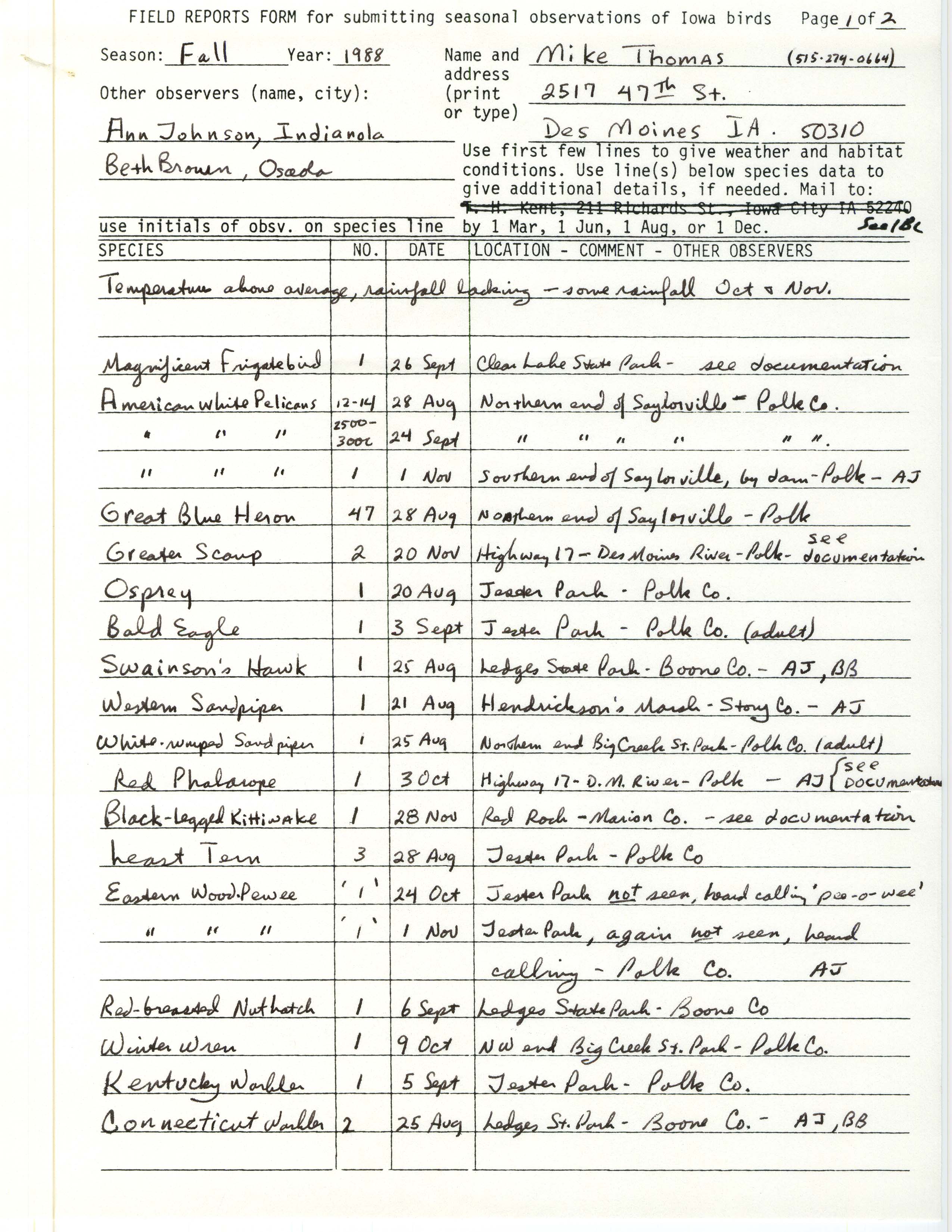 Field reports form for submitting seasonal observations of Iowa birds, Michael K. Thomas, fall 1988