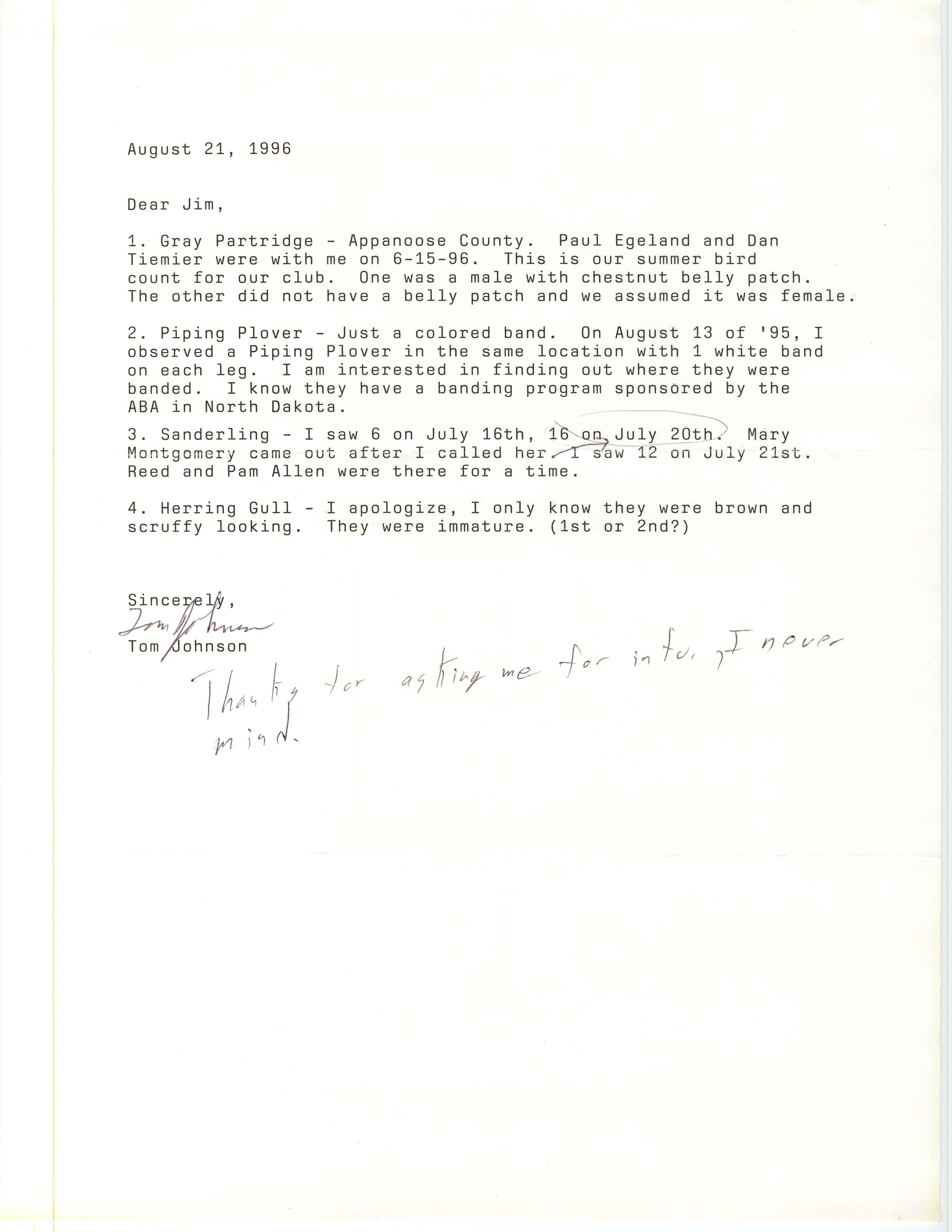 Tom Johnson letter to James J. Dinsmore regarding bird sightings, August 21, 1996