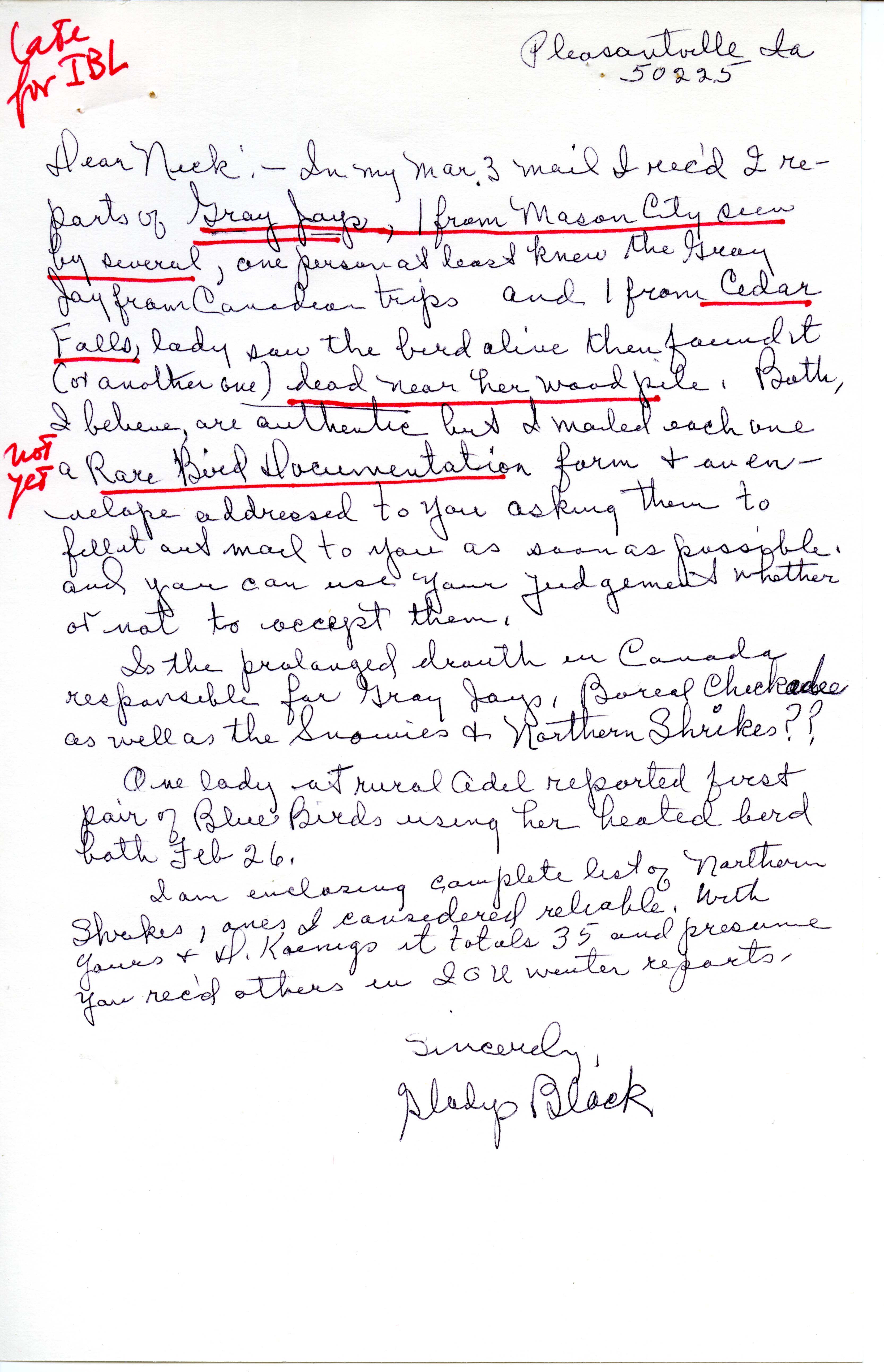 Gladys Black letter to Nicholas S. Halmi regarding bird sightings and Iowa Northern Shrikes checklist, February 8, 1977