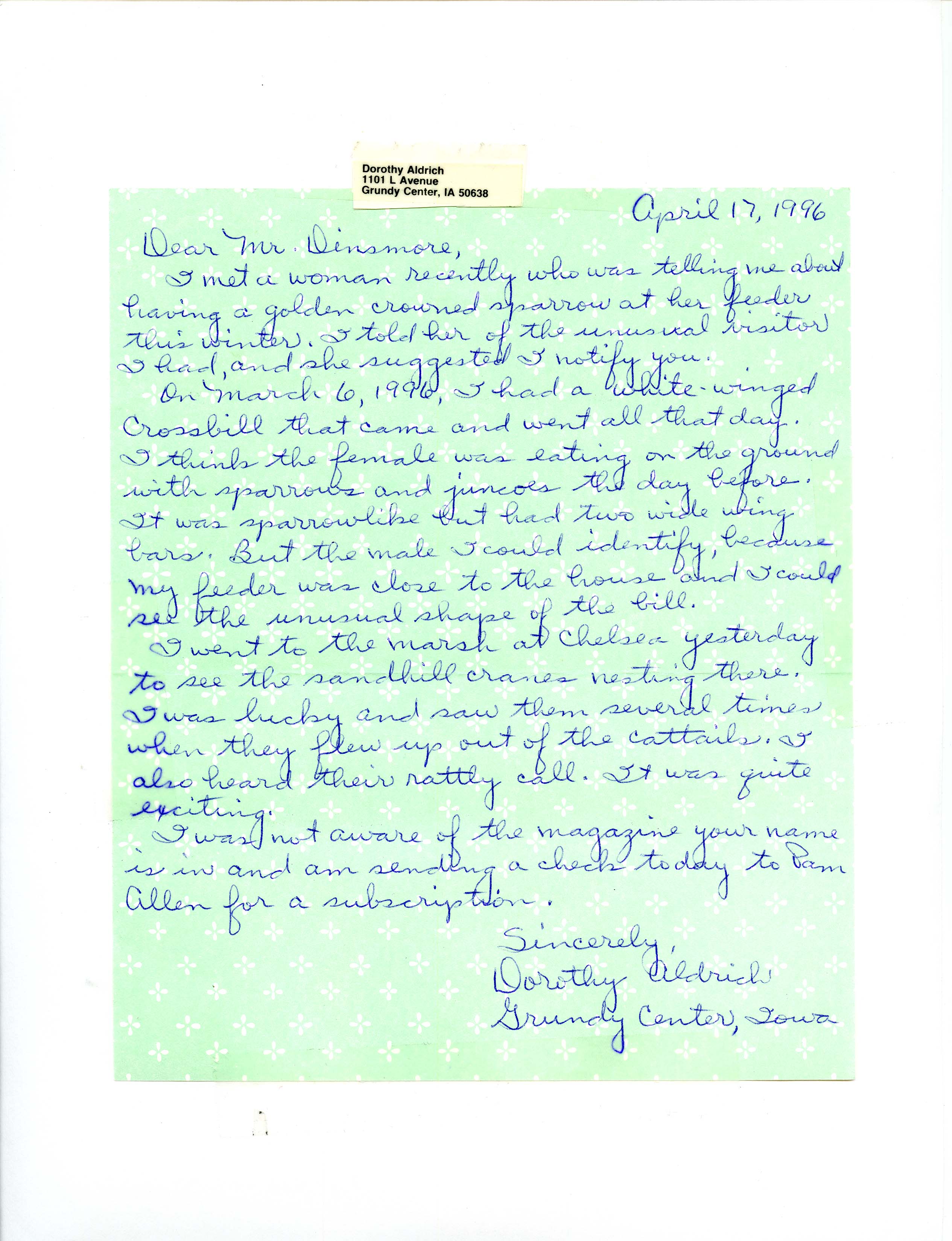 Dorothy Aldrich letter to James J. Dinsmore regarding White-winged Crossbill and Sandhill Crane sightings, April 17, 1996