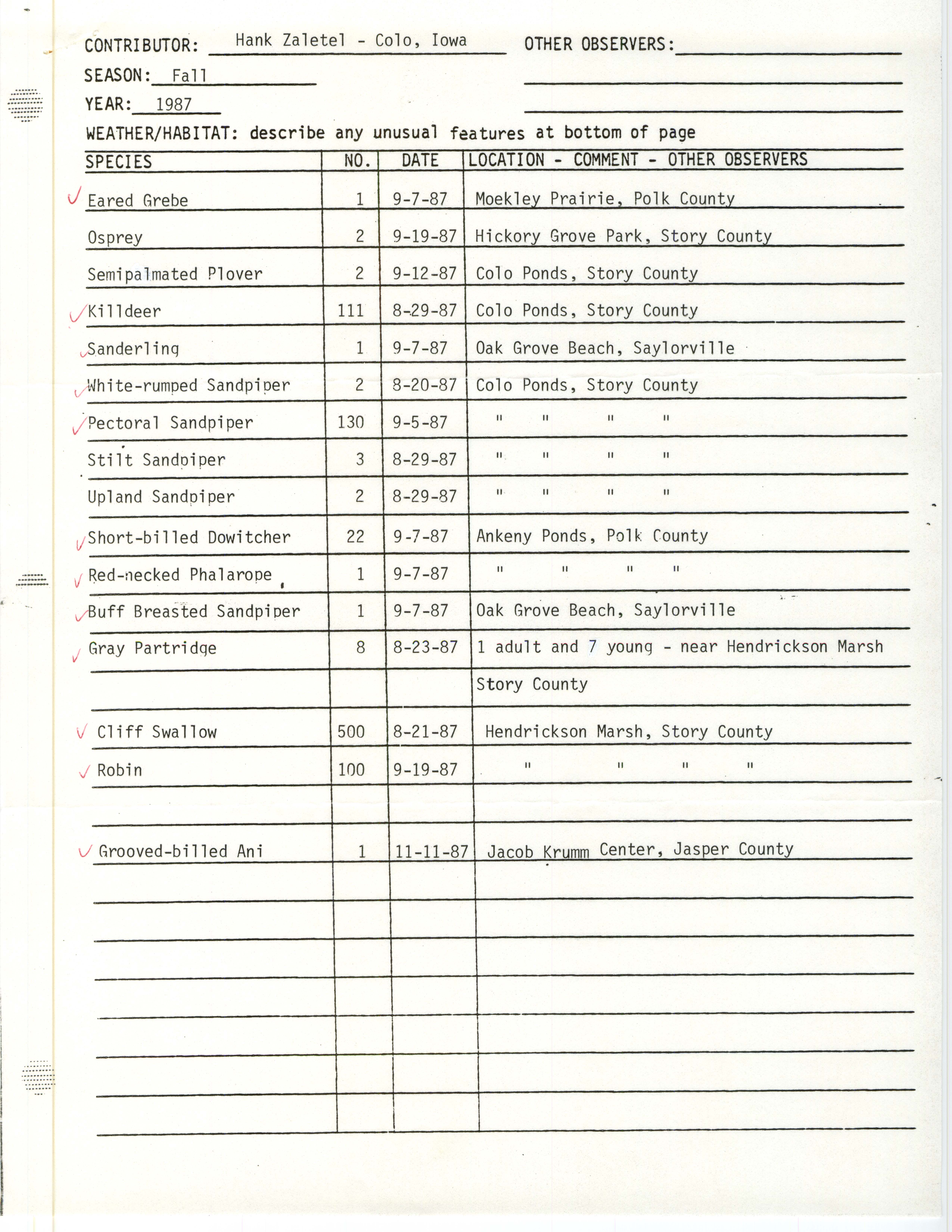 Field notes contributed by Hank Zaletel, fall 1987