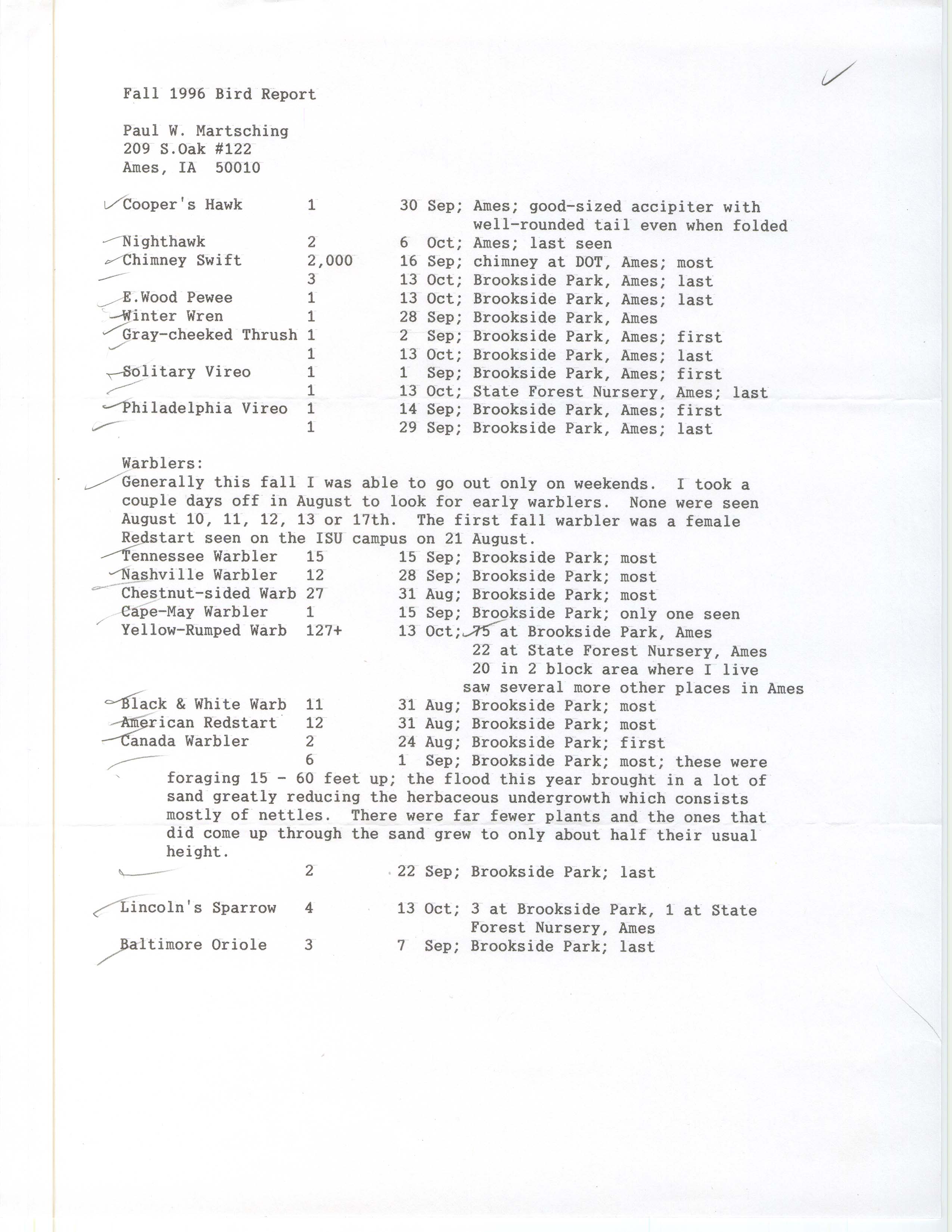 Field notes contributed by Paul Martsching, fall 1996