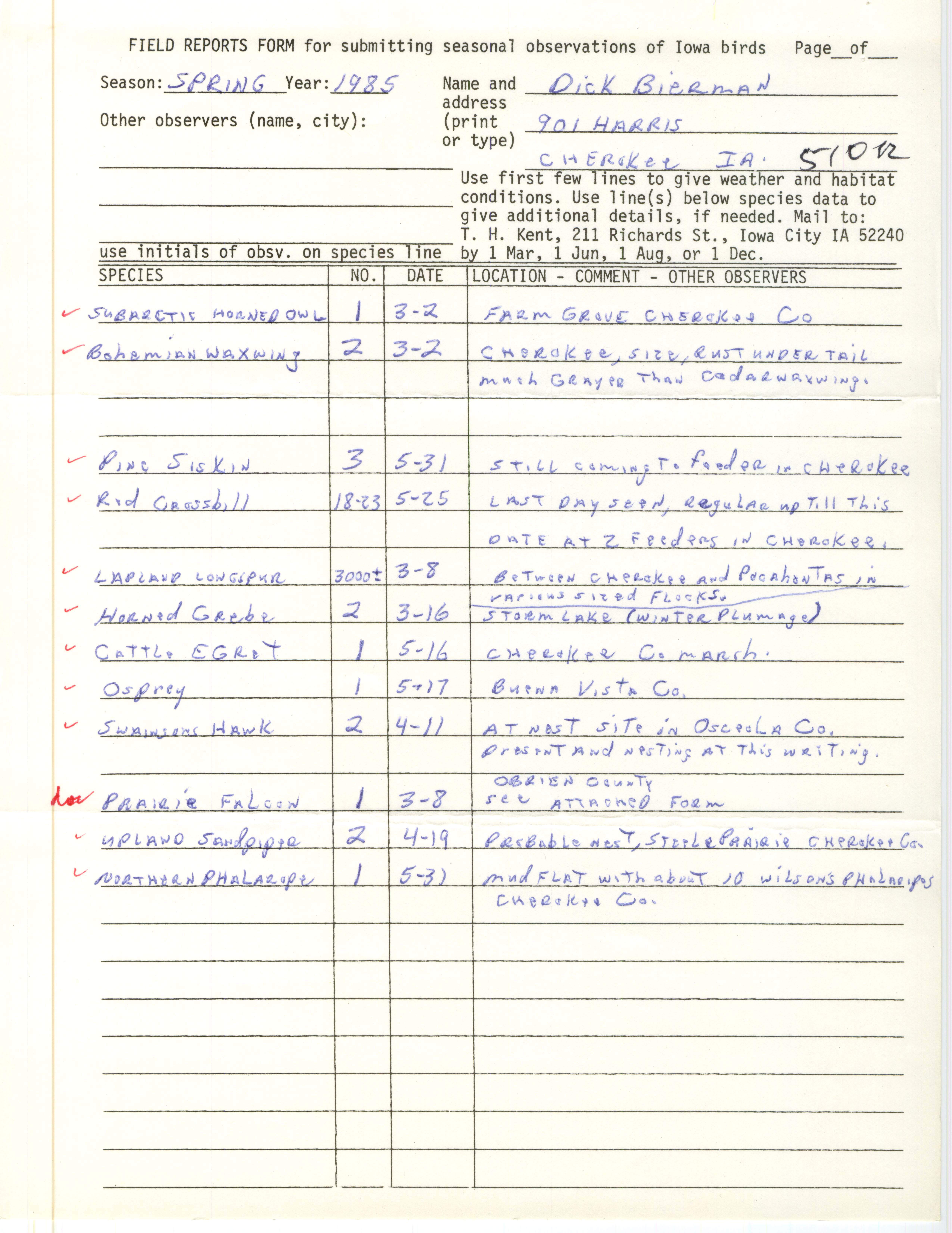 Field reports form, contributed by Dick Bierman, spring 1985