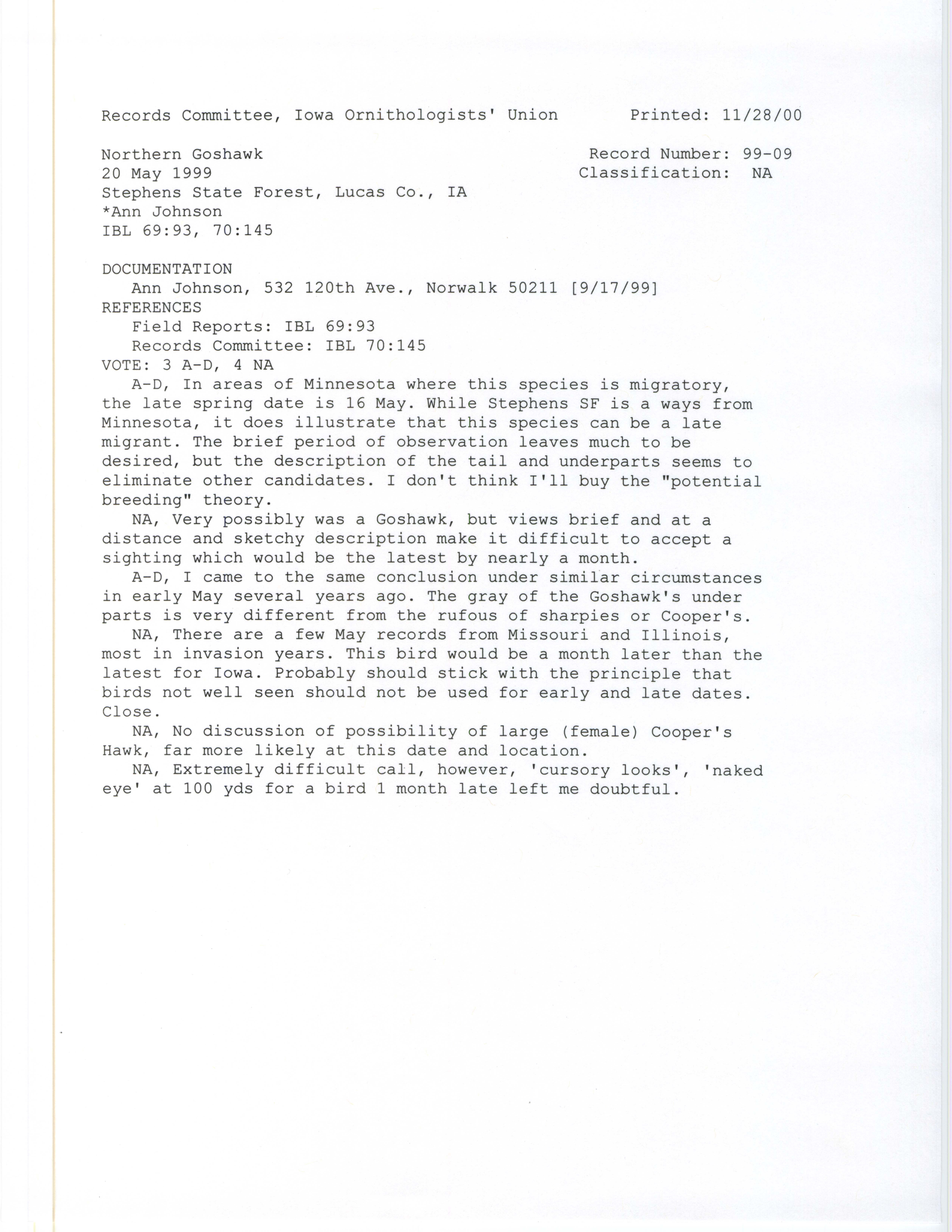 Records Committee review for rare bird sighting of Northern Goshawk at Stephens State Forest, 1999