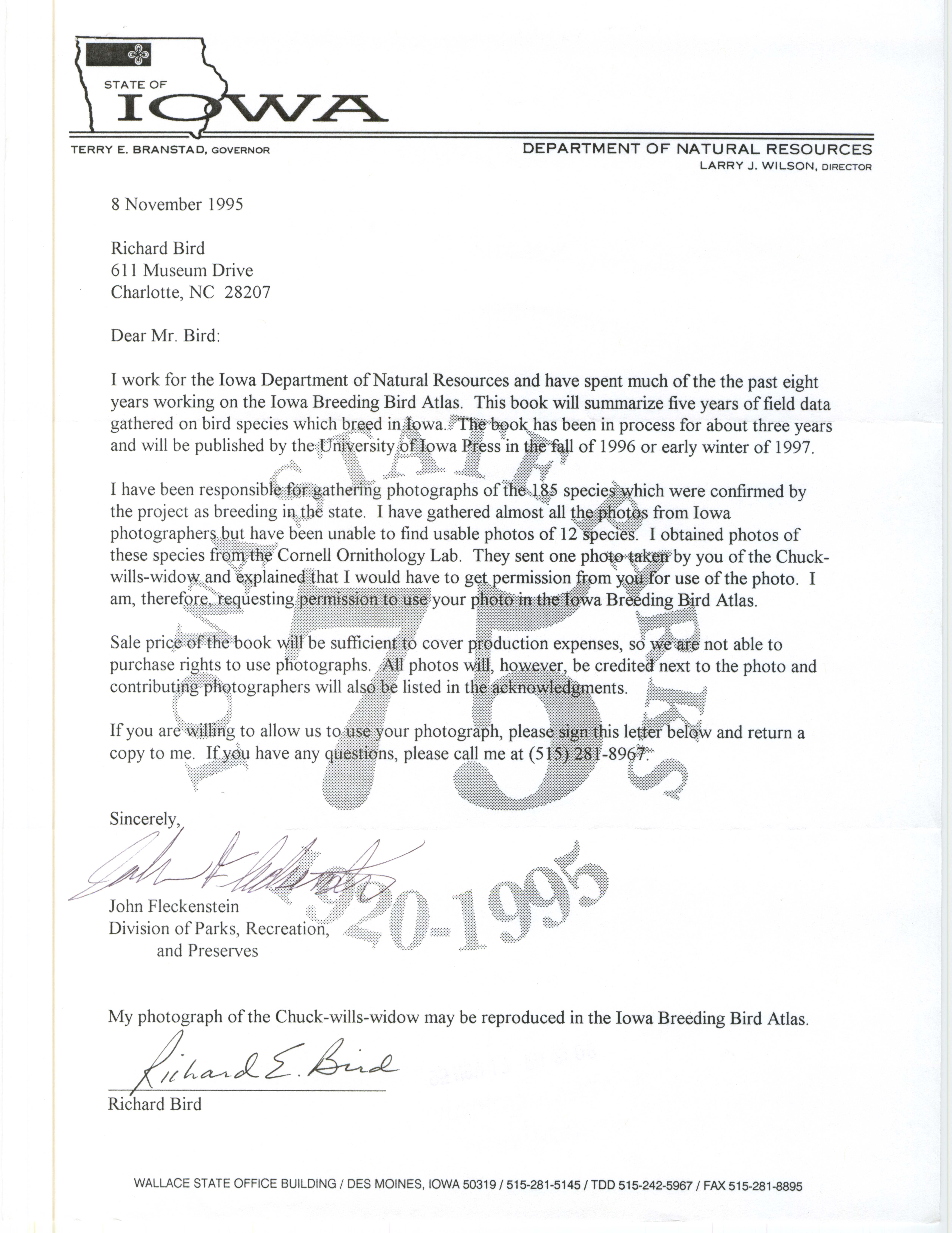 John Fleckenstein letter to Richard E. Bird regarding photographs for the Breeding Bird Atlas, November 8, 1995