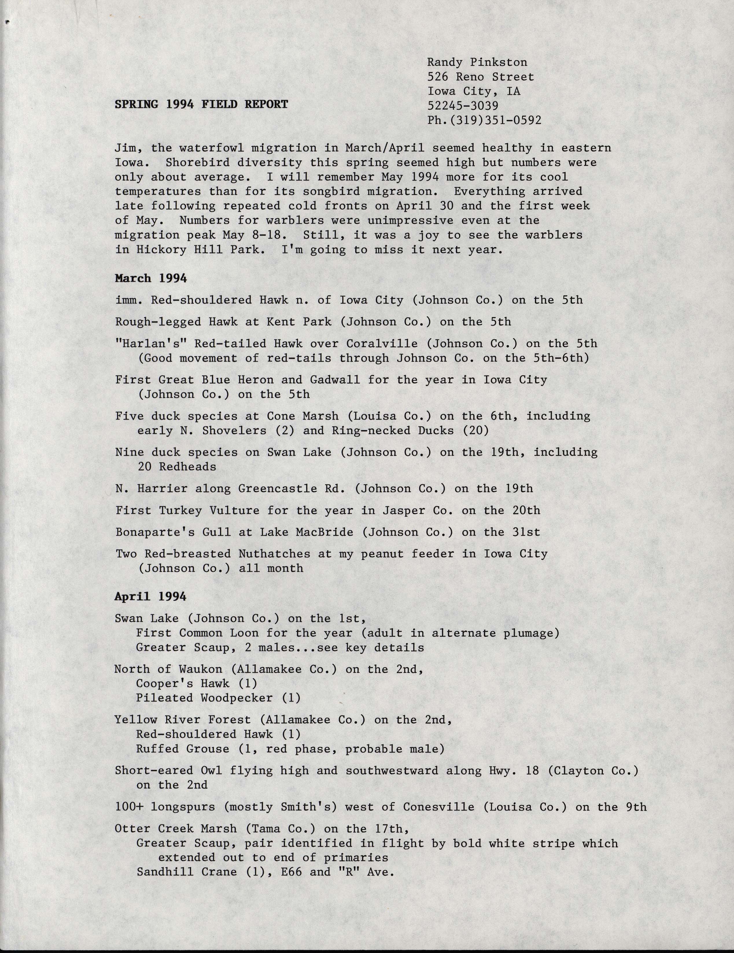 Spring 1994 field report, Randy Pinkston