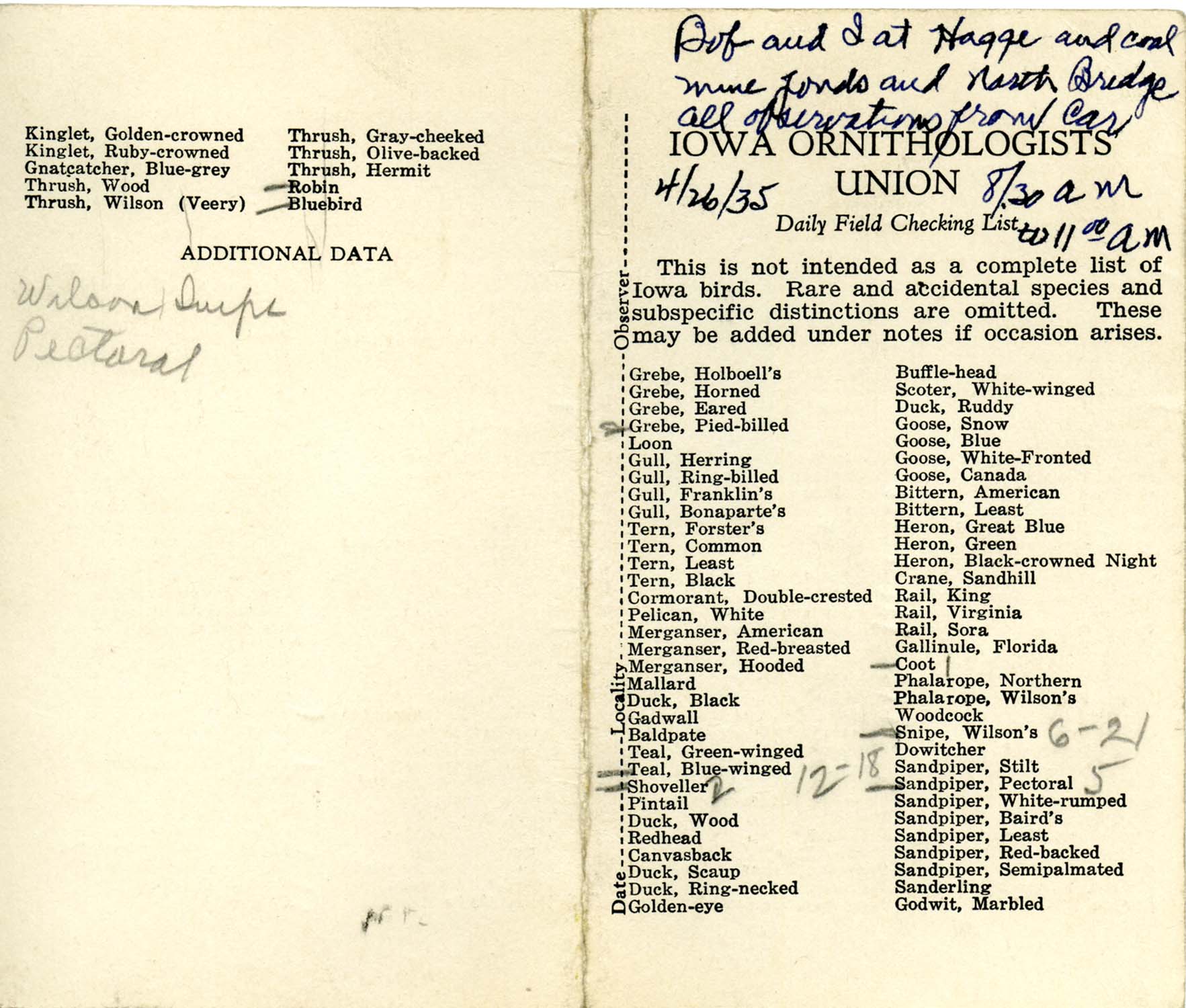 Daily field checking list, Walter Rosene, April 26, 1935