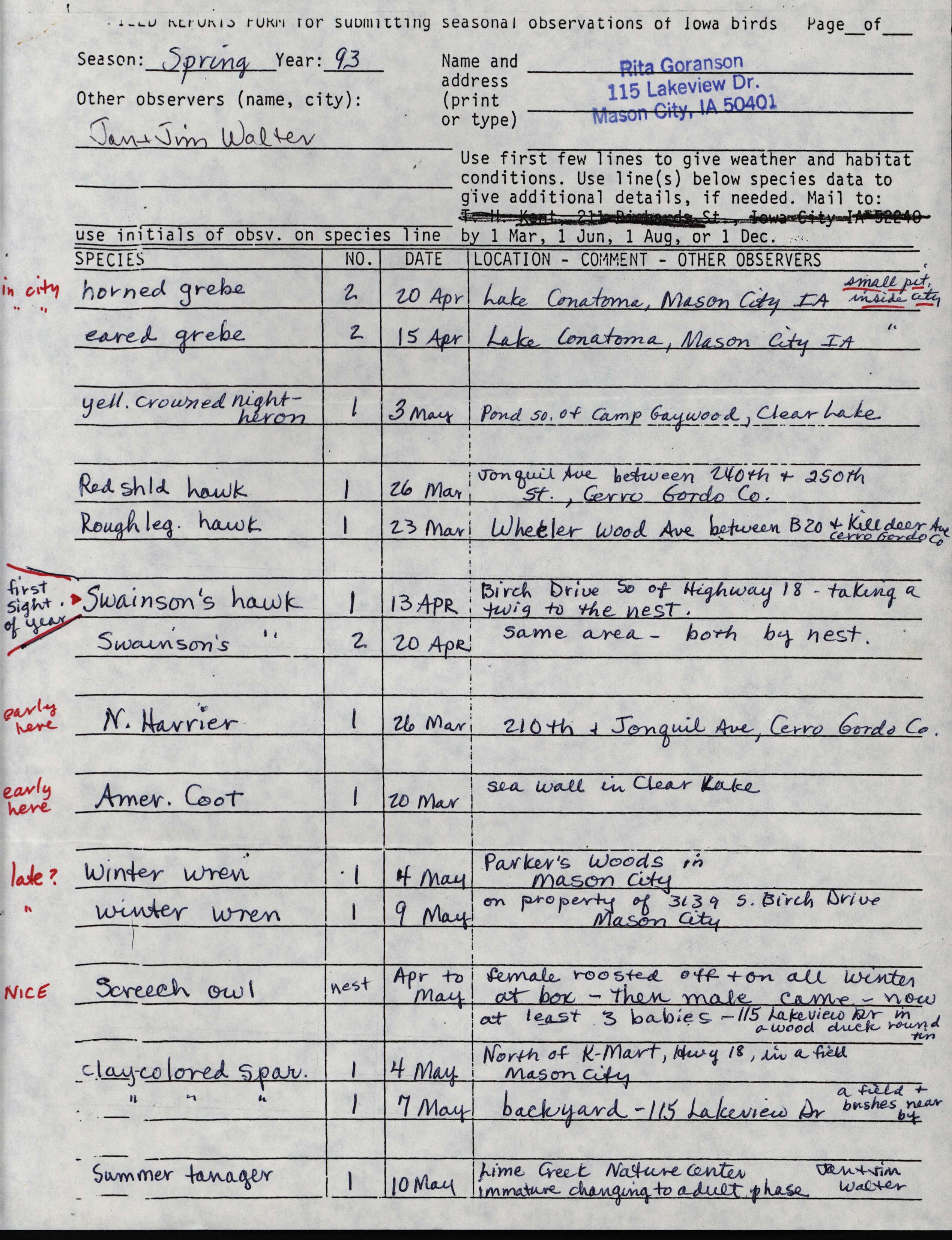 Field reports form for submitting seasonal observations of Iowa birds, Rita Goranson, Spring 1993