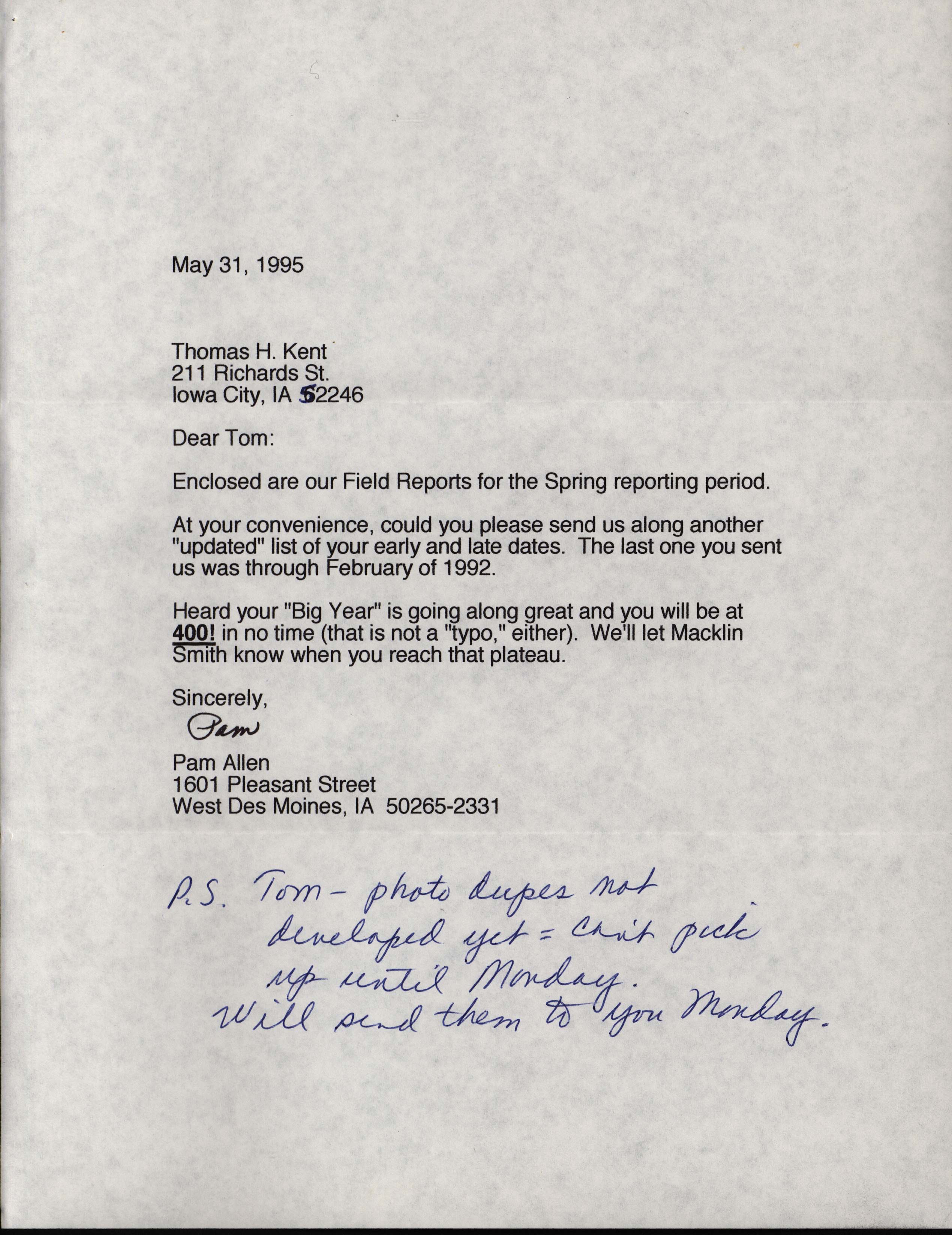 Field reports, March 1 through May 31, 1995, Pam and Reid Allen