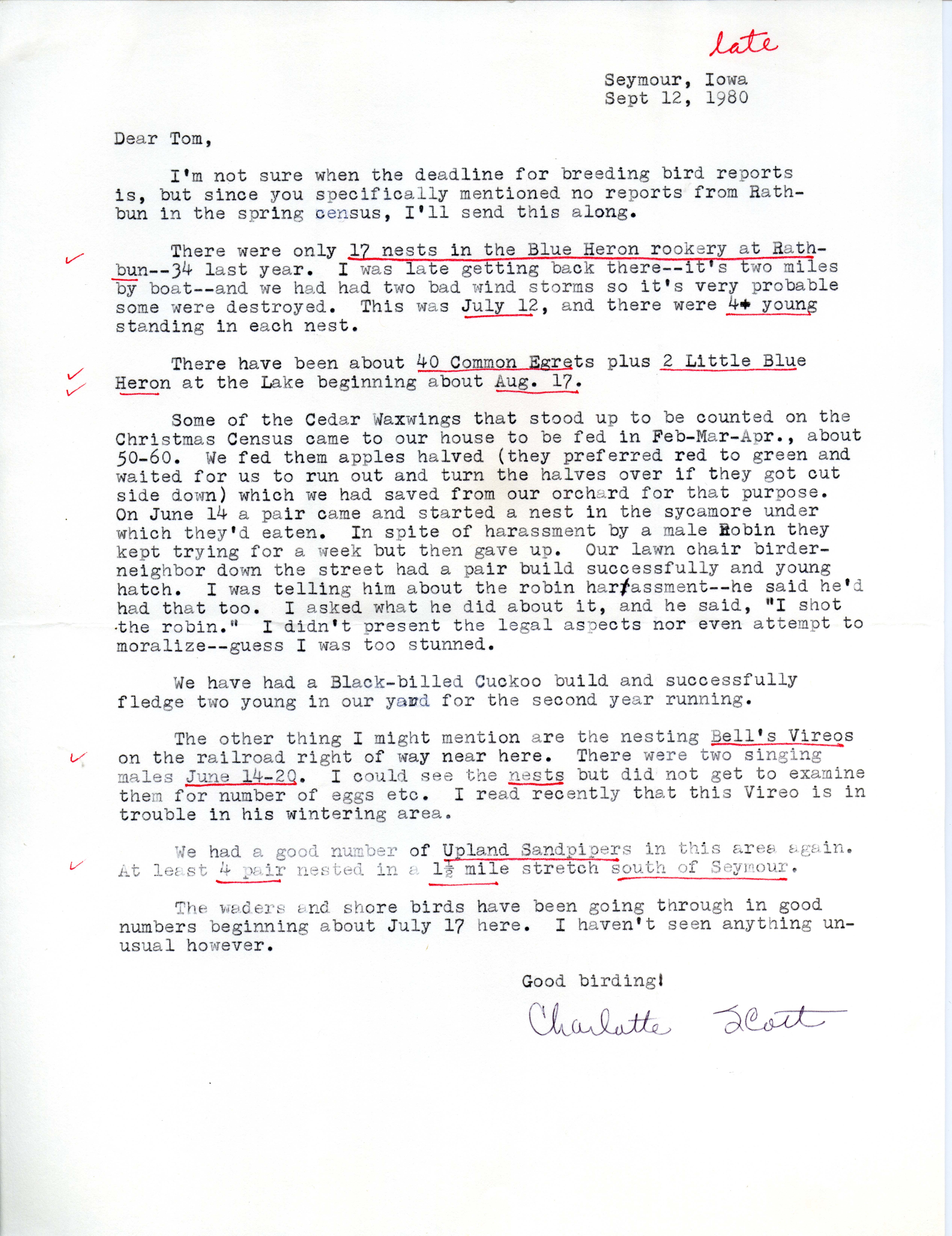 Charlotte Scott letter to Thomas H. Kent regarding bird sightings, September 12, 1980