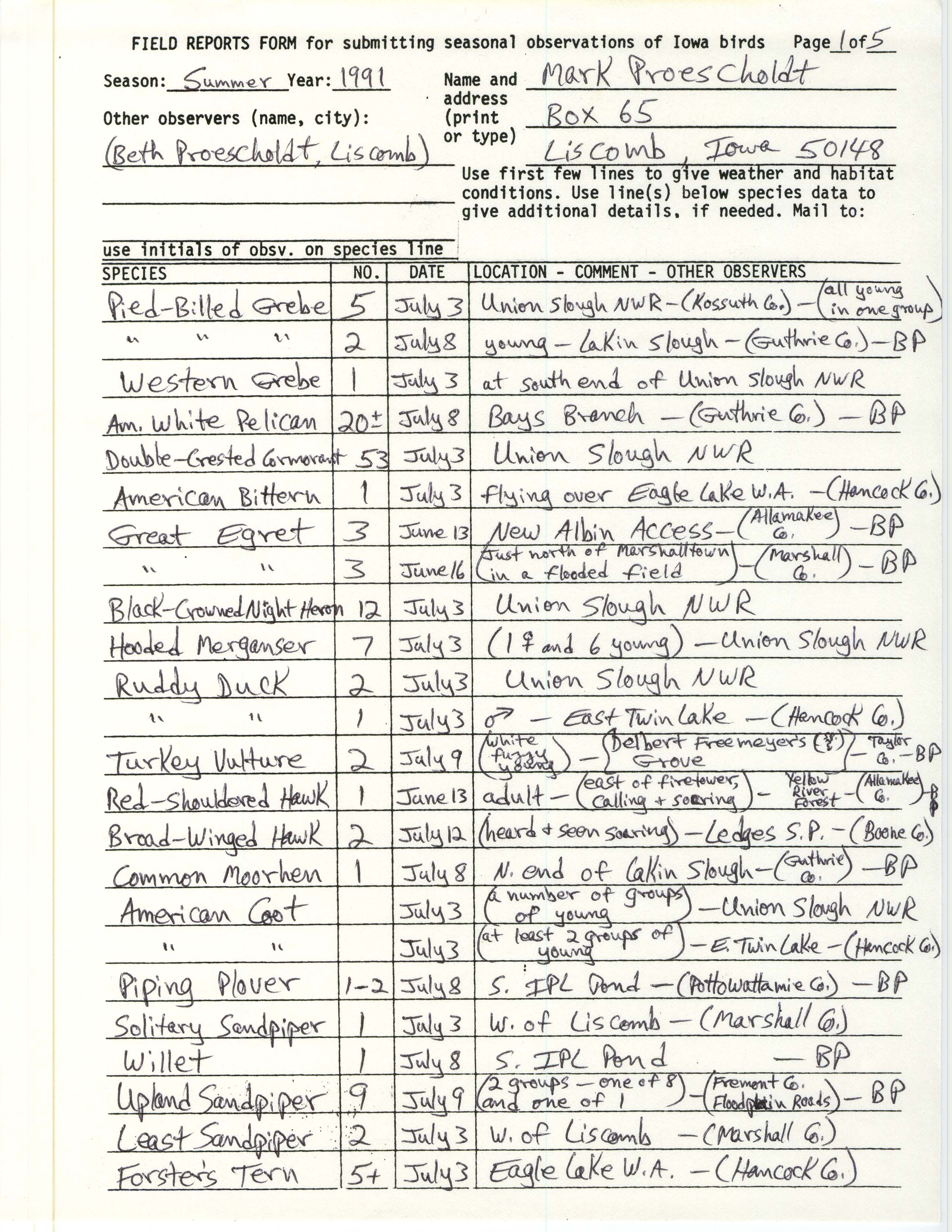 Field reports form for submitting seasonal observations of Iowa birds, Mark Proescholdt, summer 1991