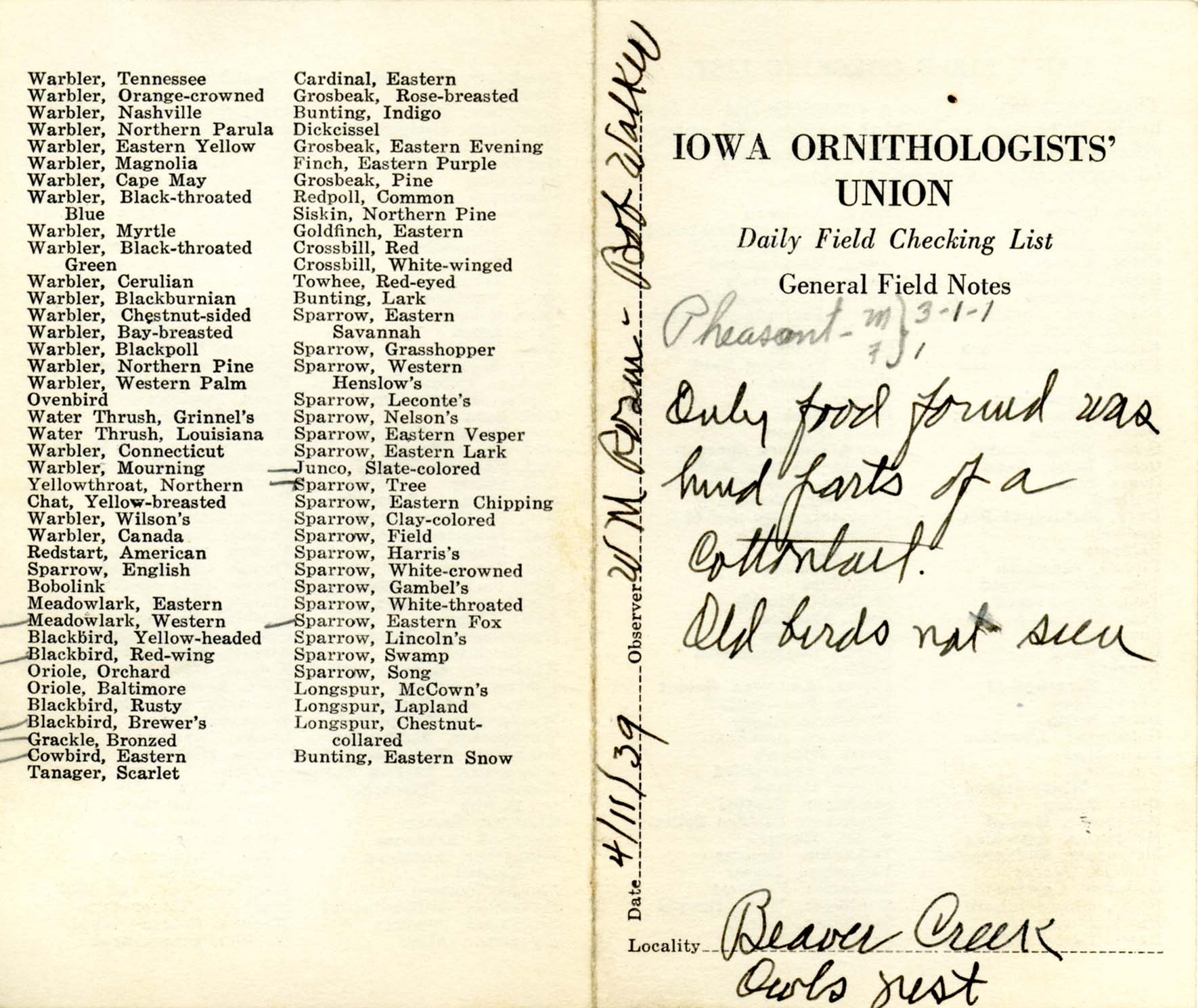 Daily field checking list by Walter Rosene, April 11, 1939
