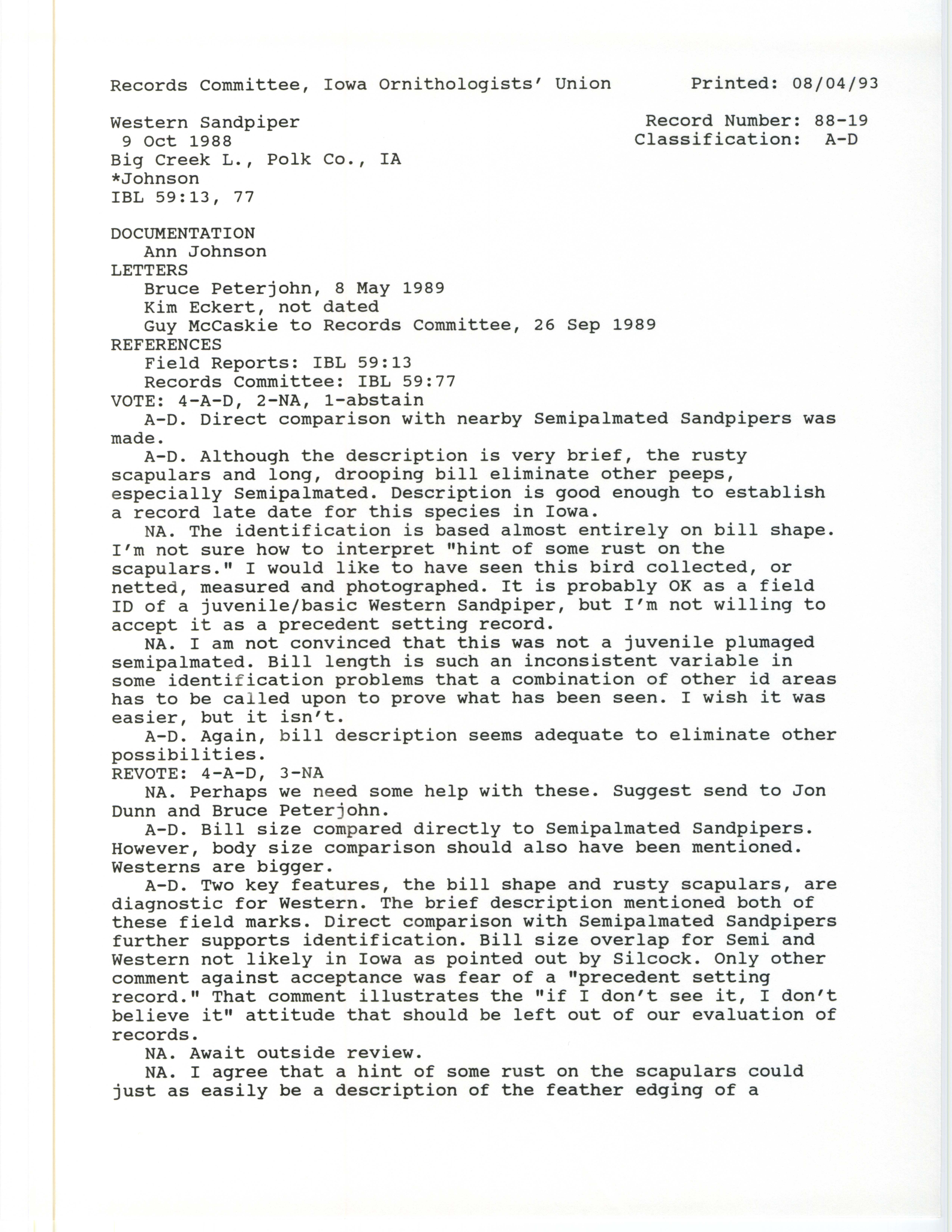 Records Committee review for rare bird sighting of Western Sandpiper at Big Creek Lake, 1988