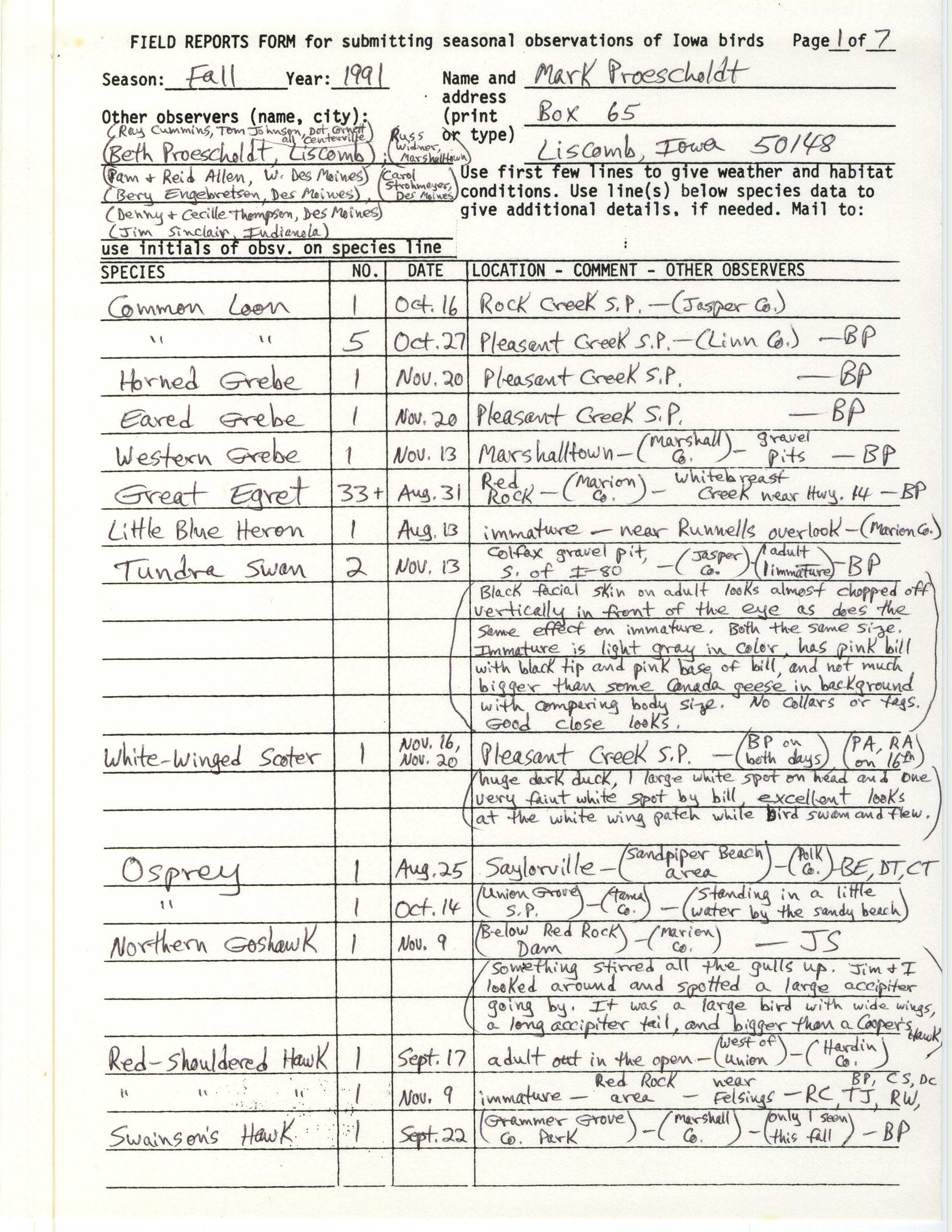 Field reports form for submitting seasonal observations of Iowa birds, Mark Proescholdt, November 25, 1991