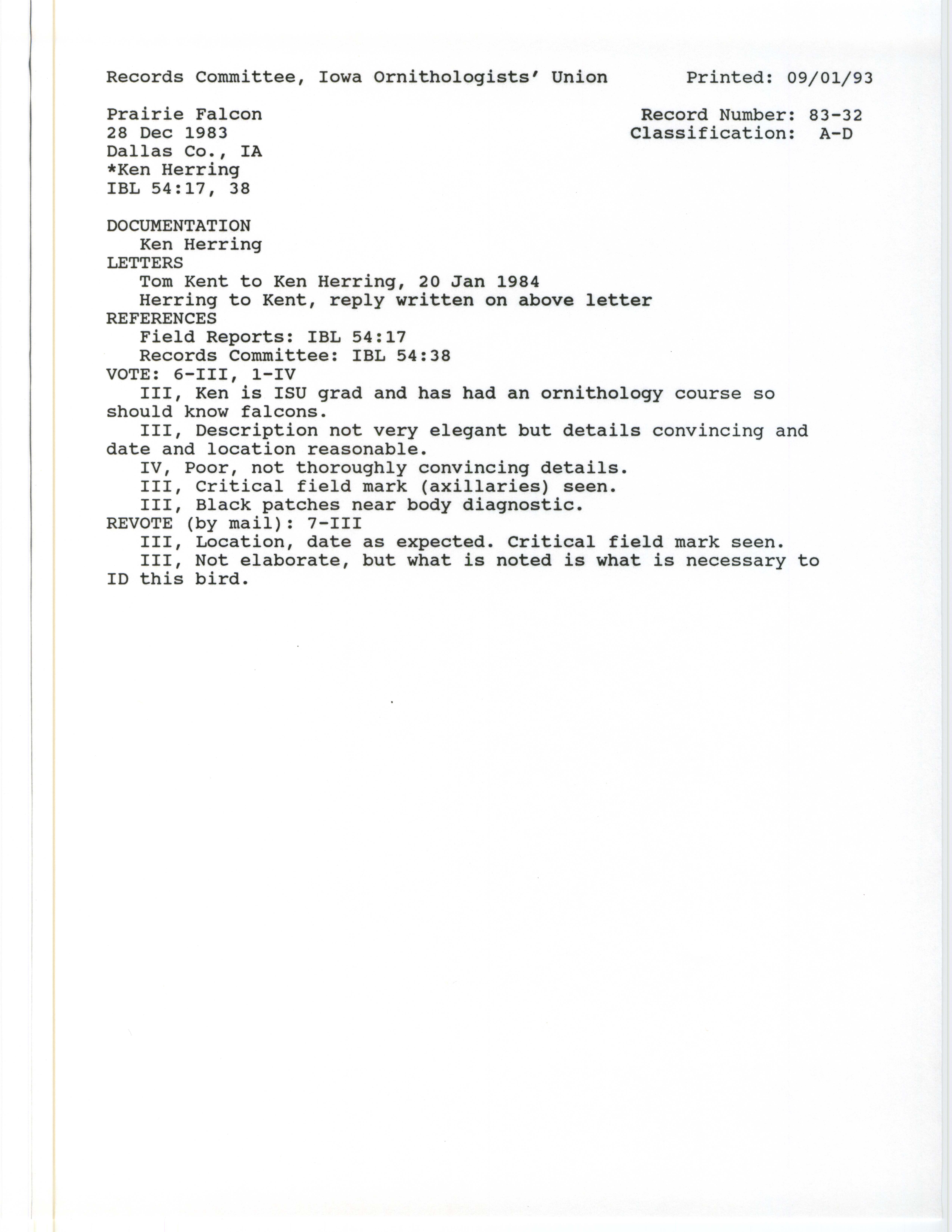 Records Committee review for rare bird sighting of Prairie Falcon at Linn Township in Dallas County, 1983