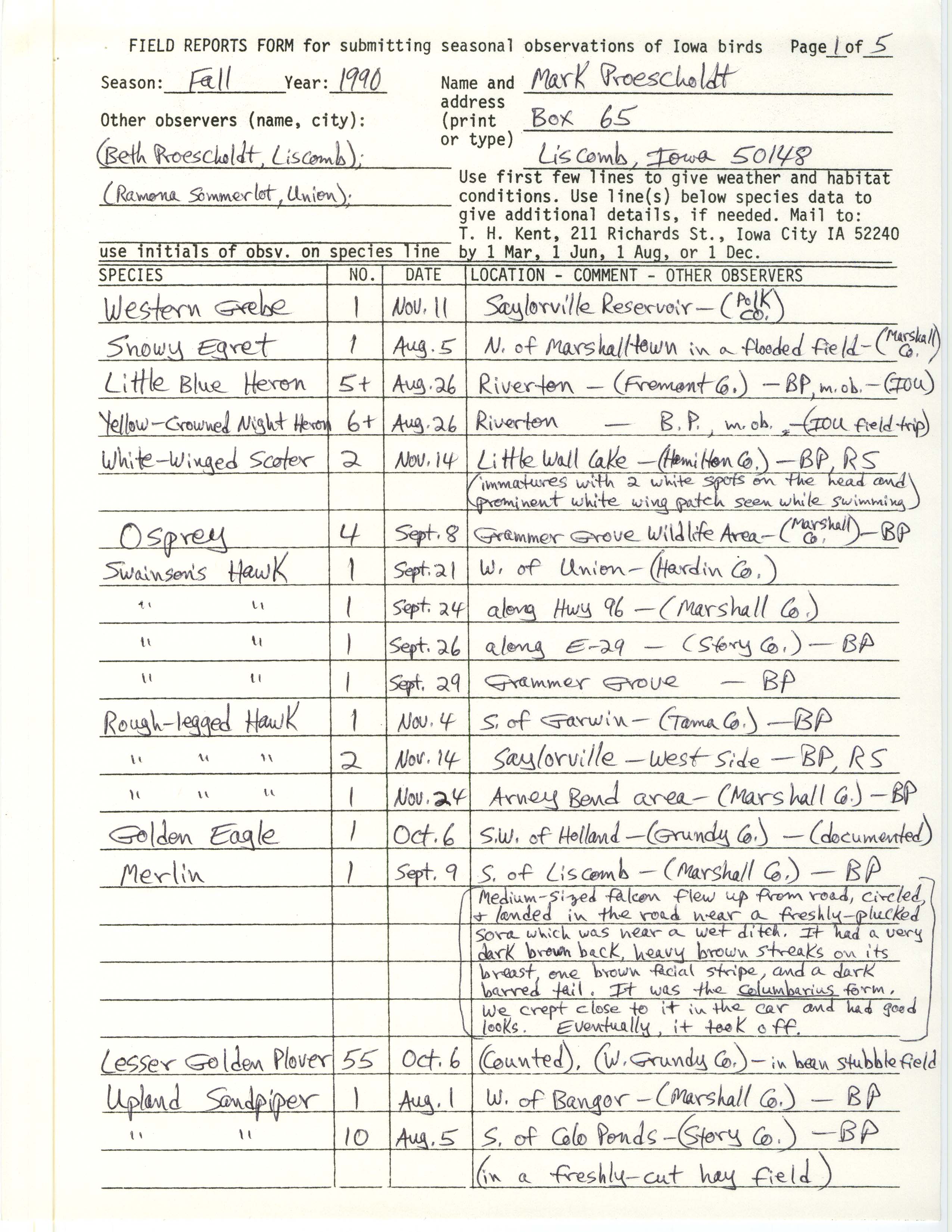 Field reports, Mark Proescholdt, fall 1990