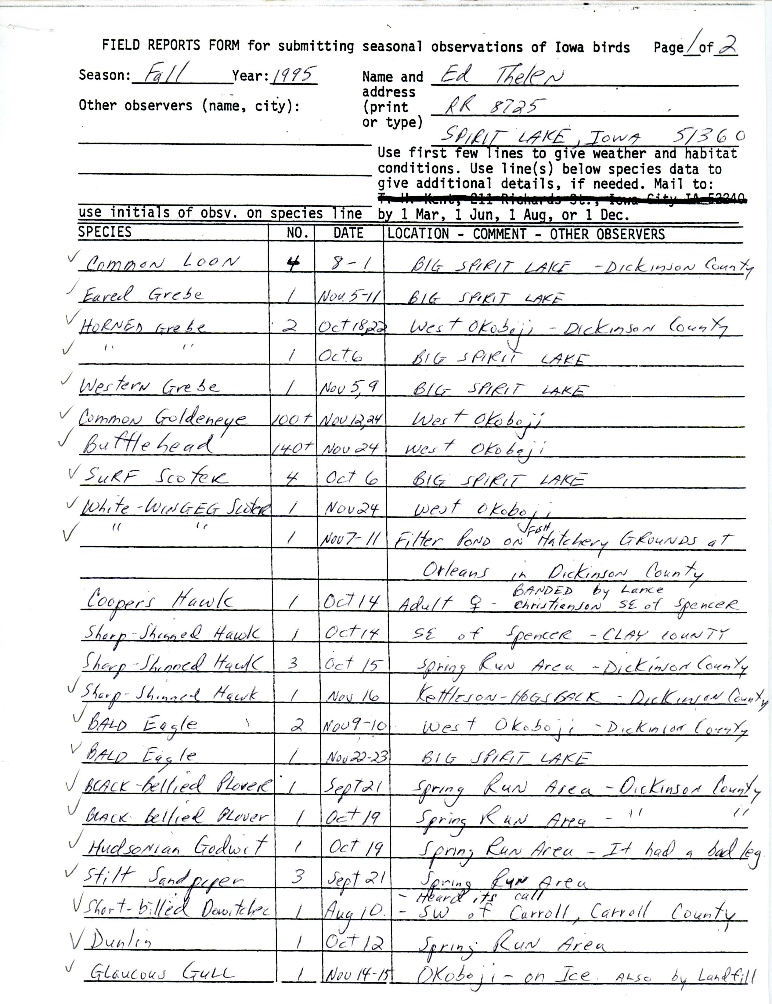 Field reports form for submitting seasonal observations of Iowa birds, Ed Thelen, fall 1995