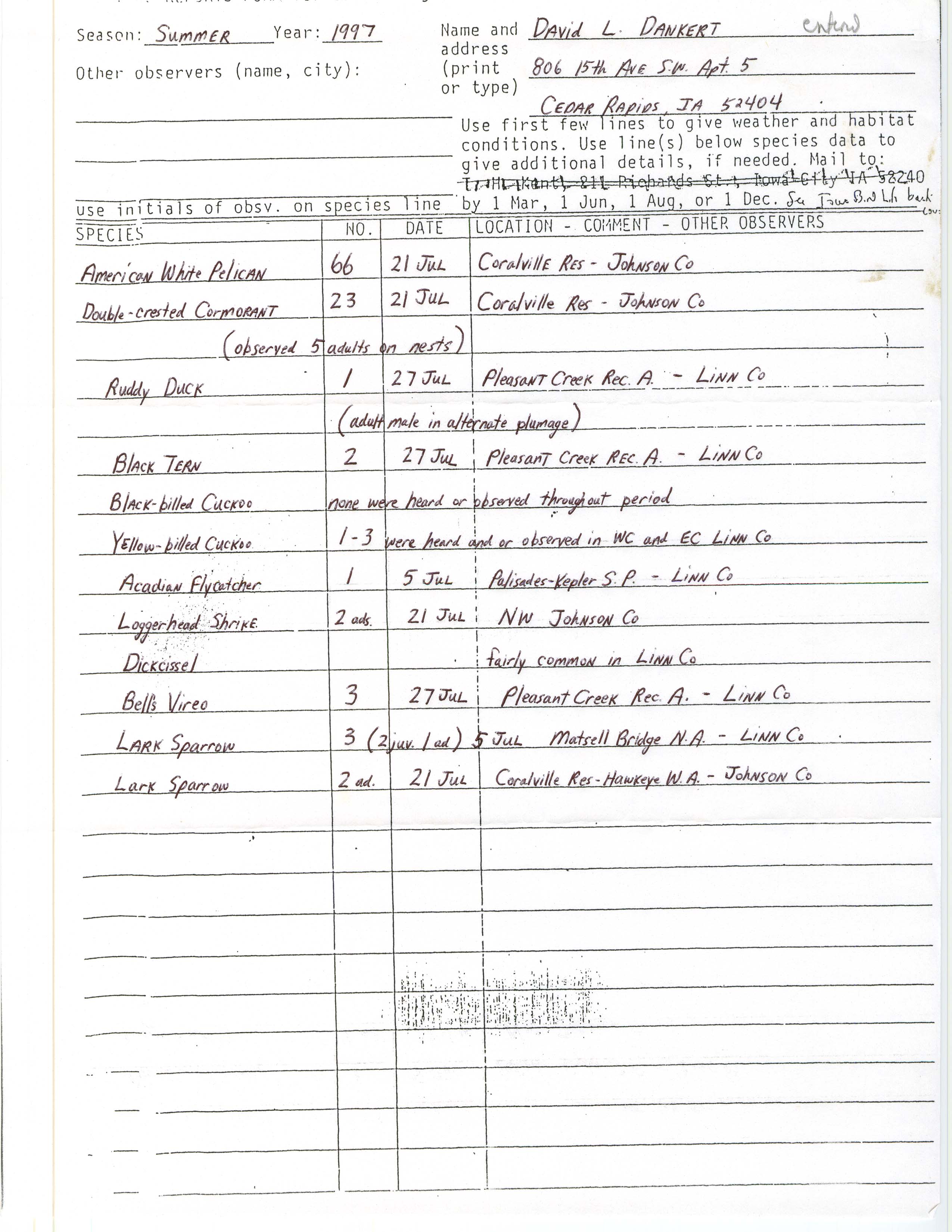 Field reports form for submitting seasonal observations of Iowa birds, David L. Dankert, summer 1997