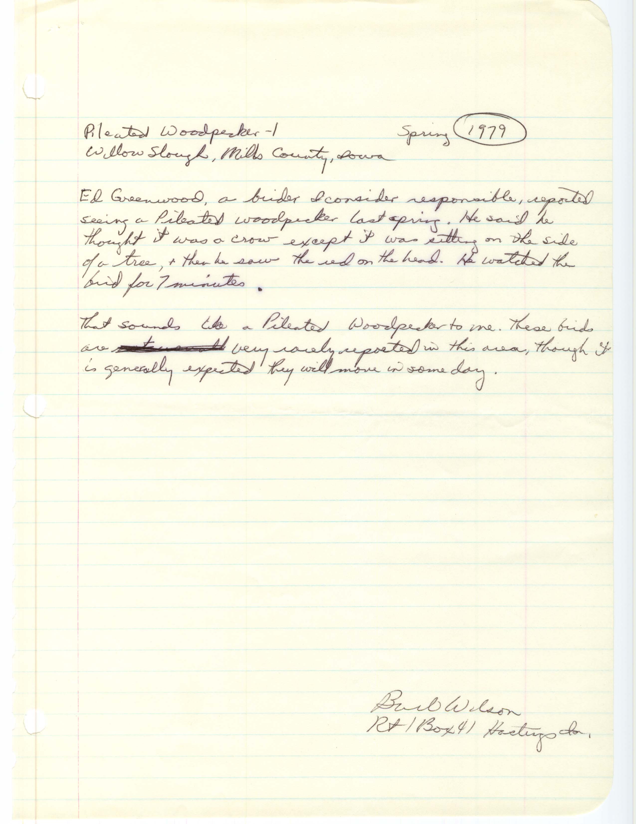 Field notes for Pileated Woodpecker at Willow Slough, Spring 1979