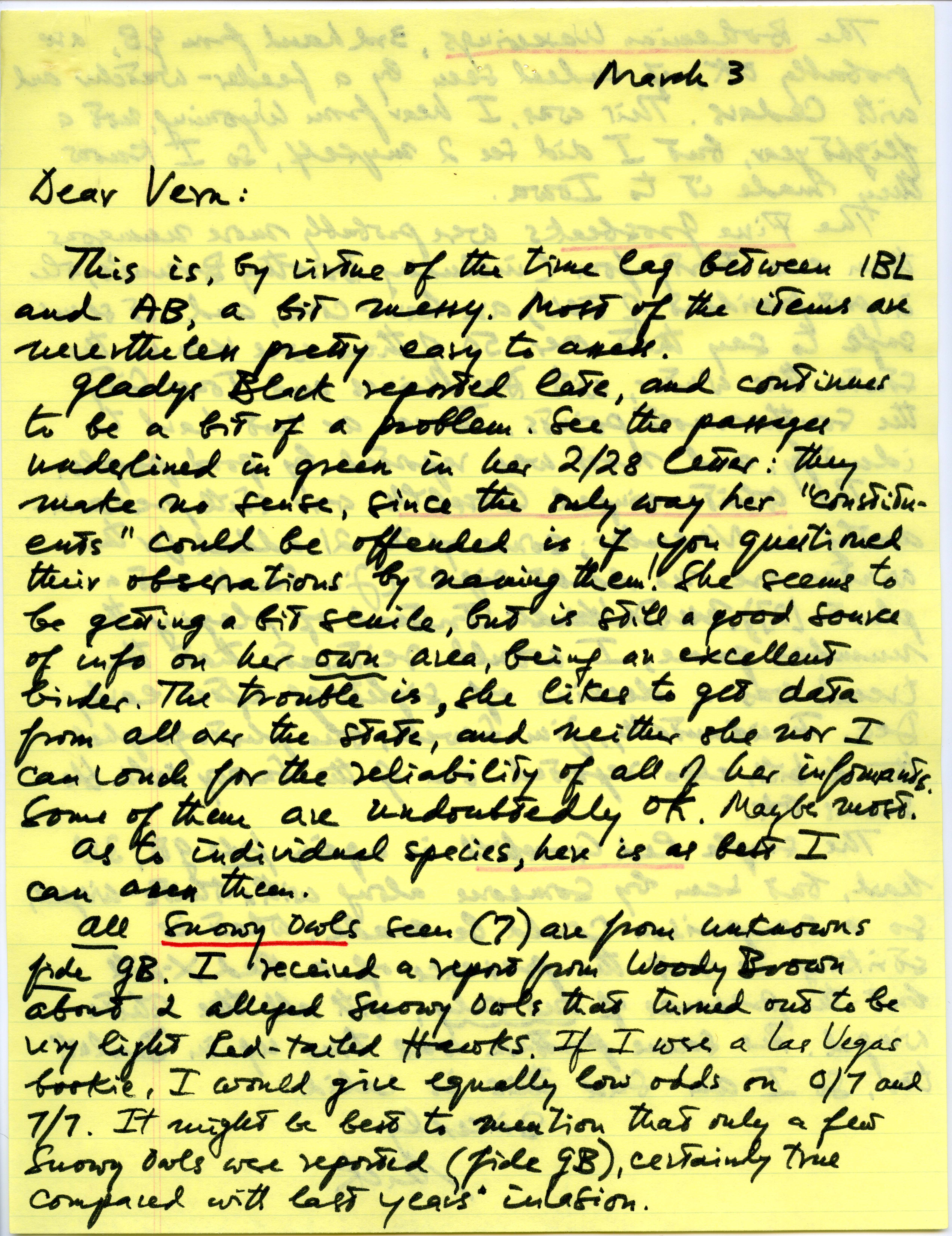 Nicholas S. Halmi letter to Vernon M. Kleen regarding bird sightings, March 3, 1978