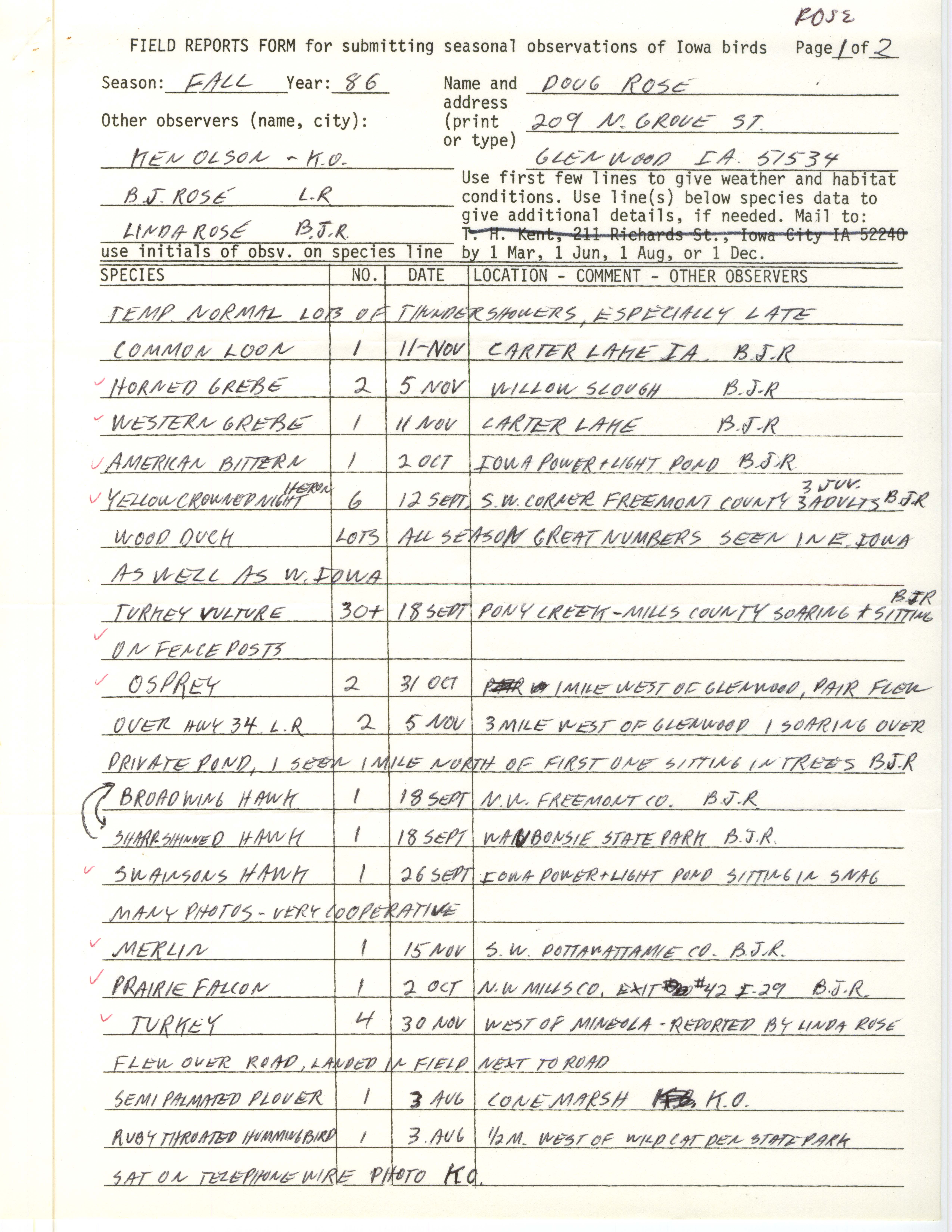 Field reports form for submitting seasonal observations of Iowa birds, Douglas Rose, fall 1986