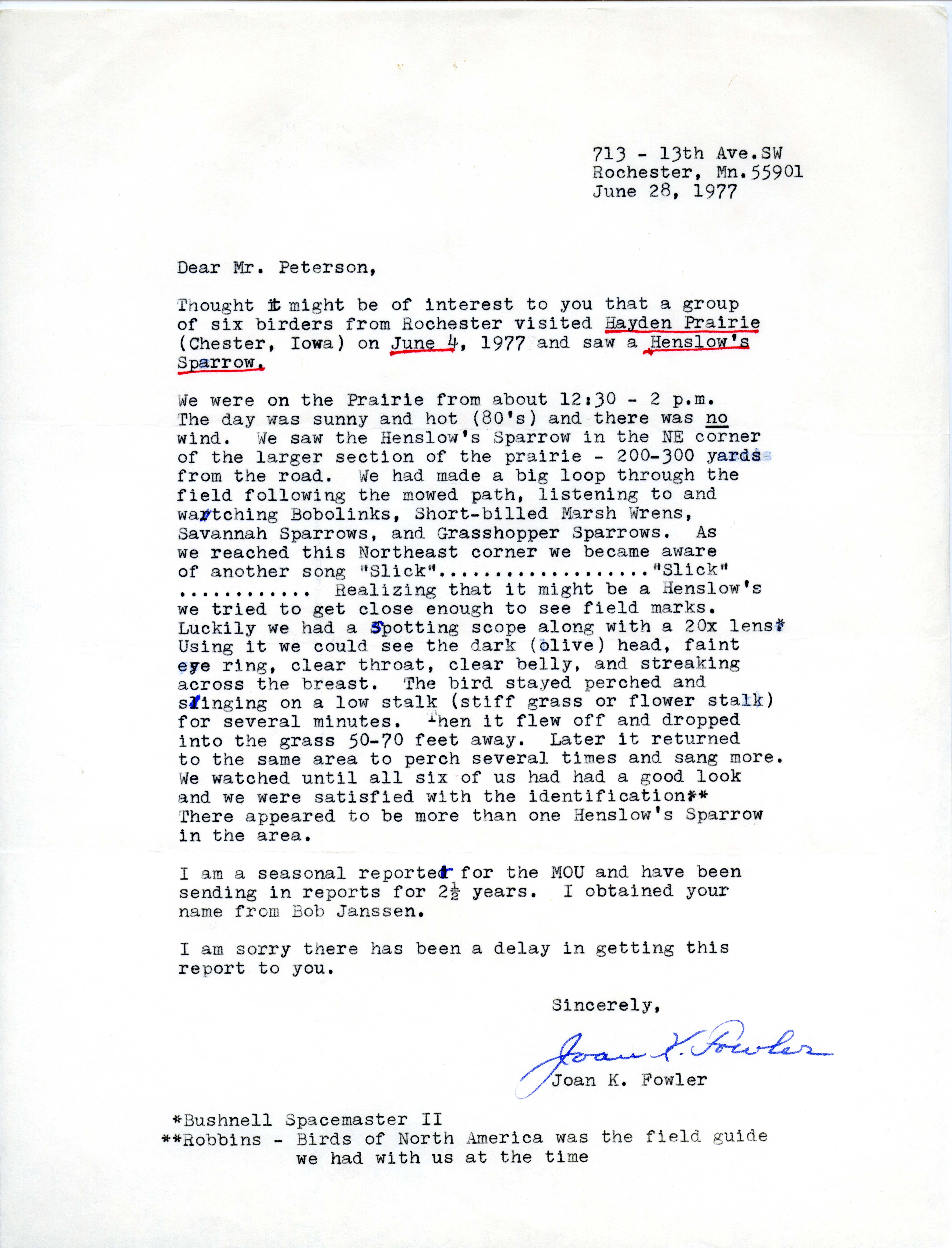 Joan K. Fowler letter to Peter C. Petersen regarding bird sightings, June 28, 1977
