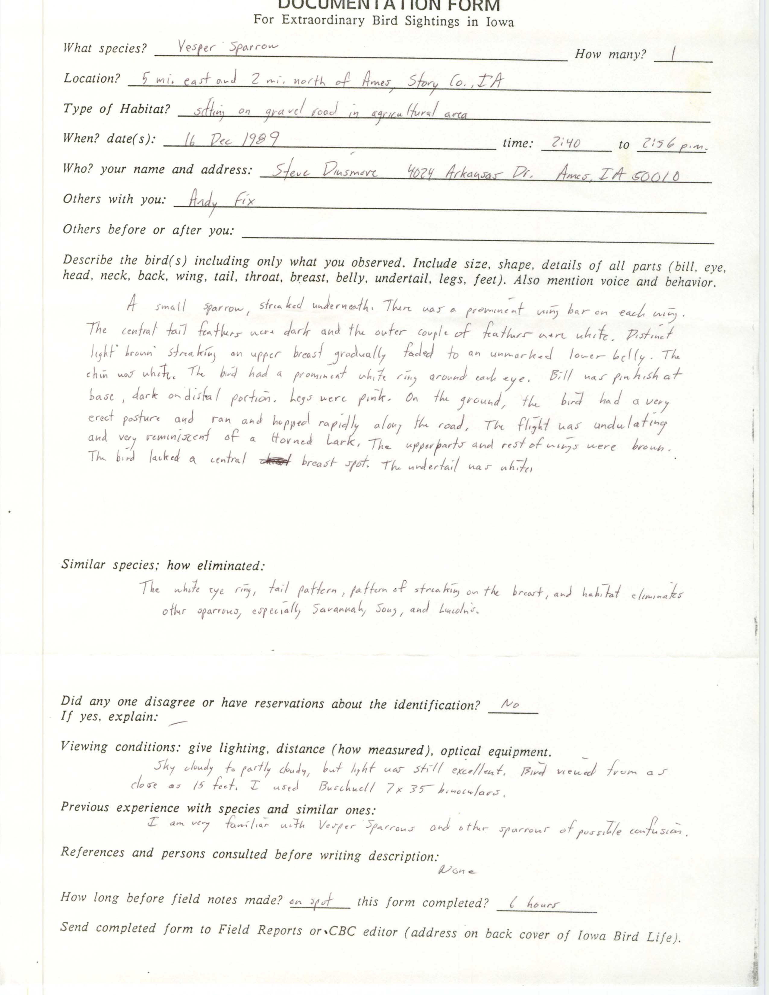Rare bird documentation form for Vesper Sparrow northeast of Ames, 1989