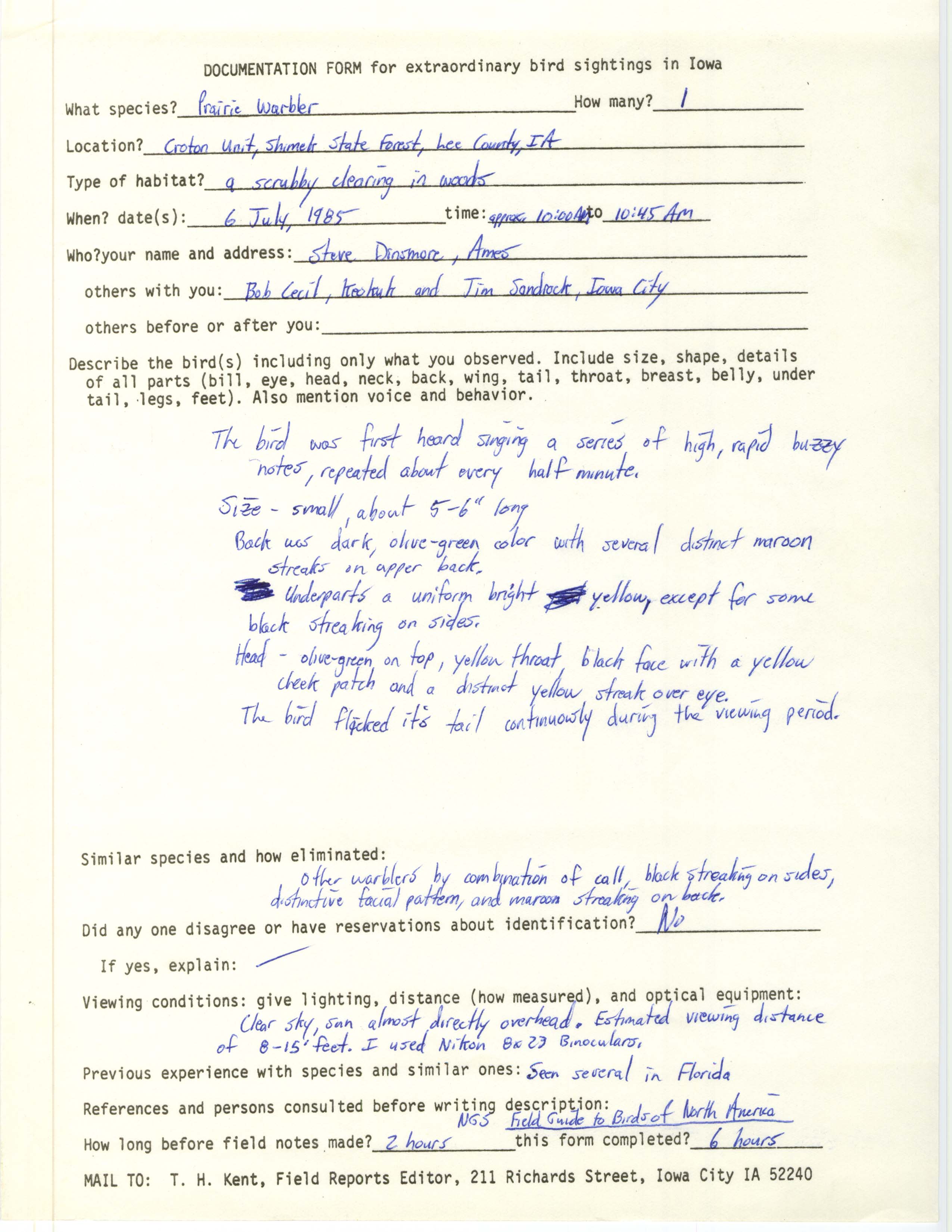 Rare bird documentation form for Prairie Warbler at the Croton Unit in Shimek State Forest, 1985