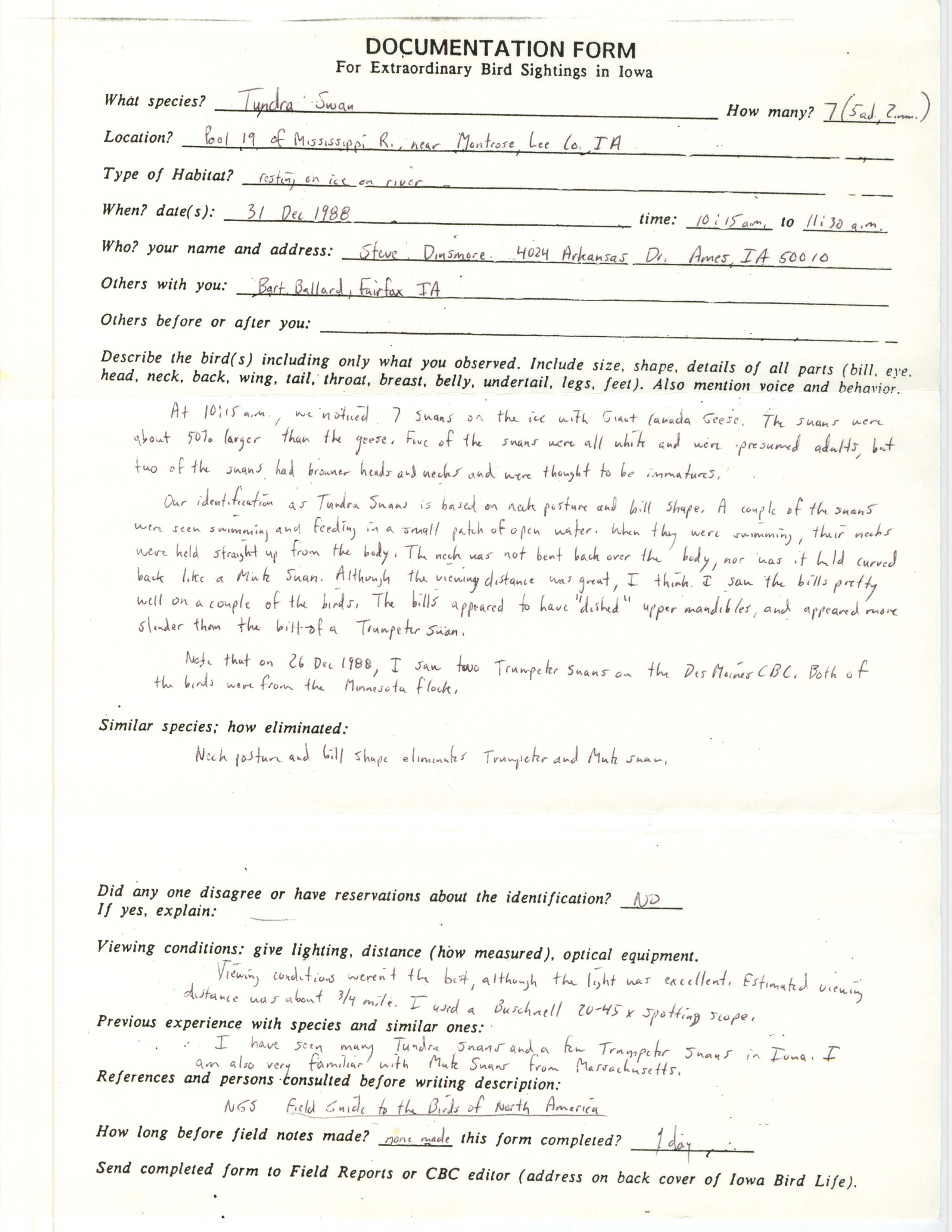 Rare bird documentation form for Tundra Swan at Pool 19, 1988