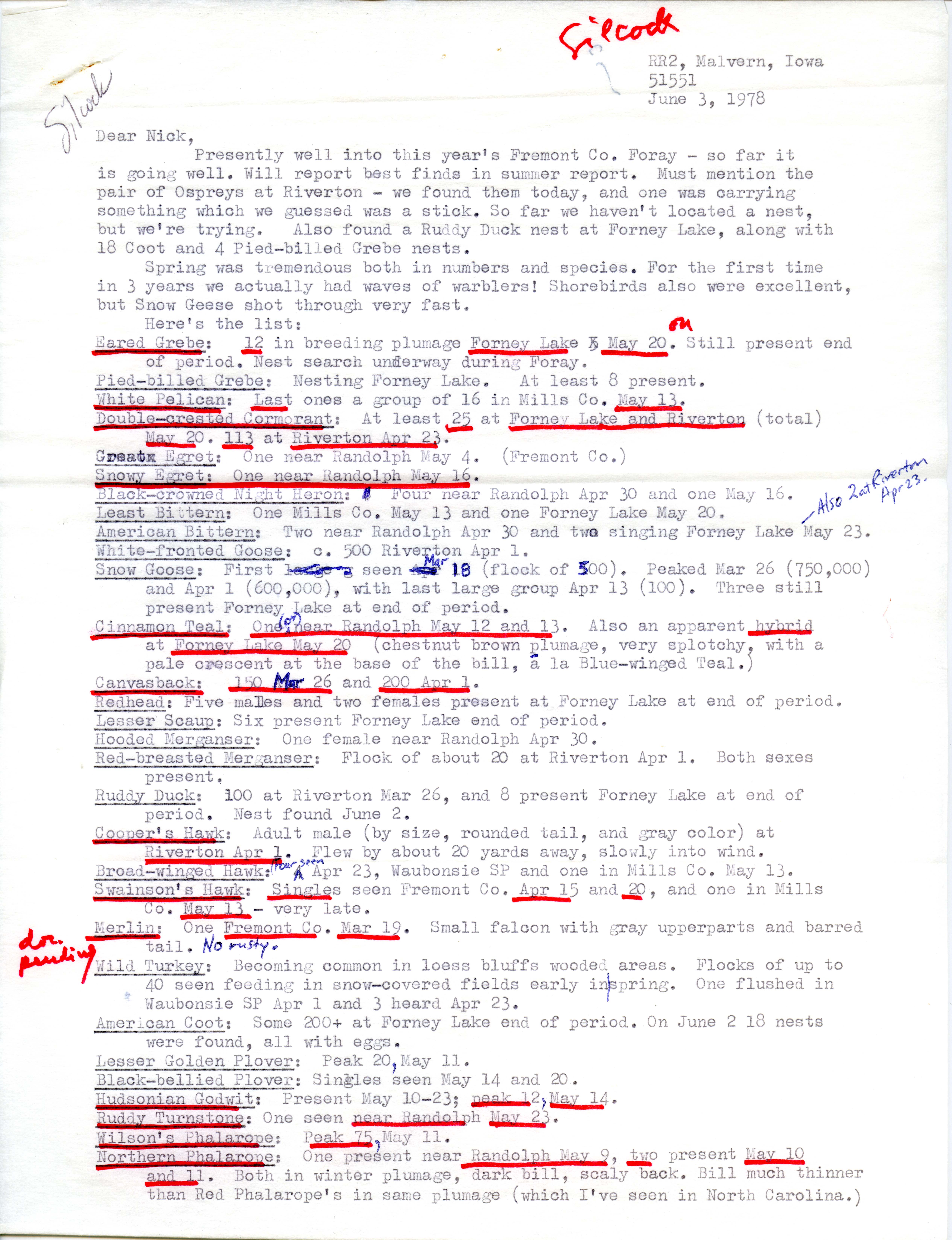 Ross W. Silcock letter to Nicholas S. Halmi regarding bird sightings, June 3, 1978