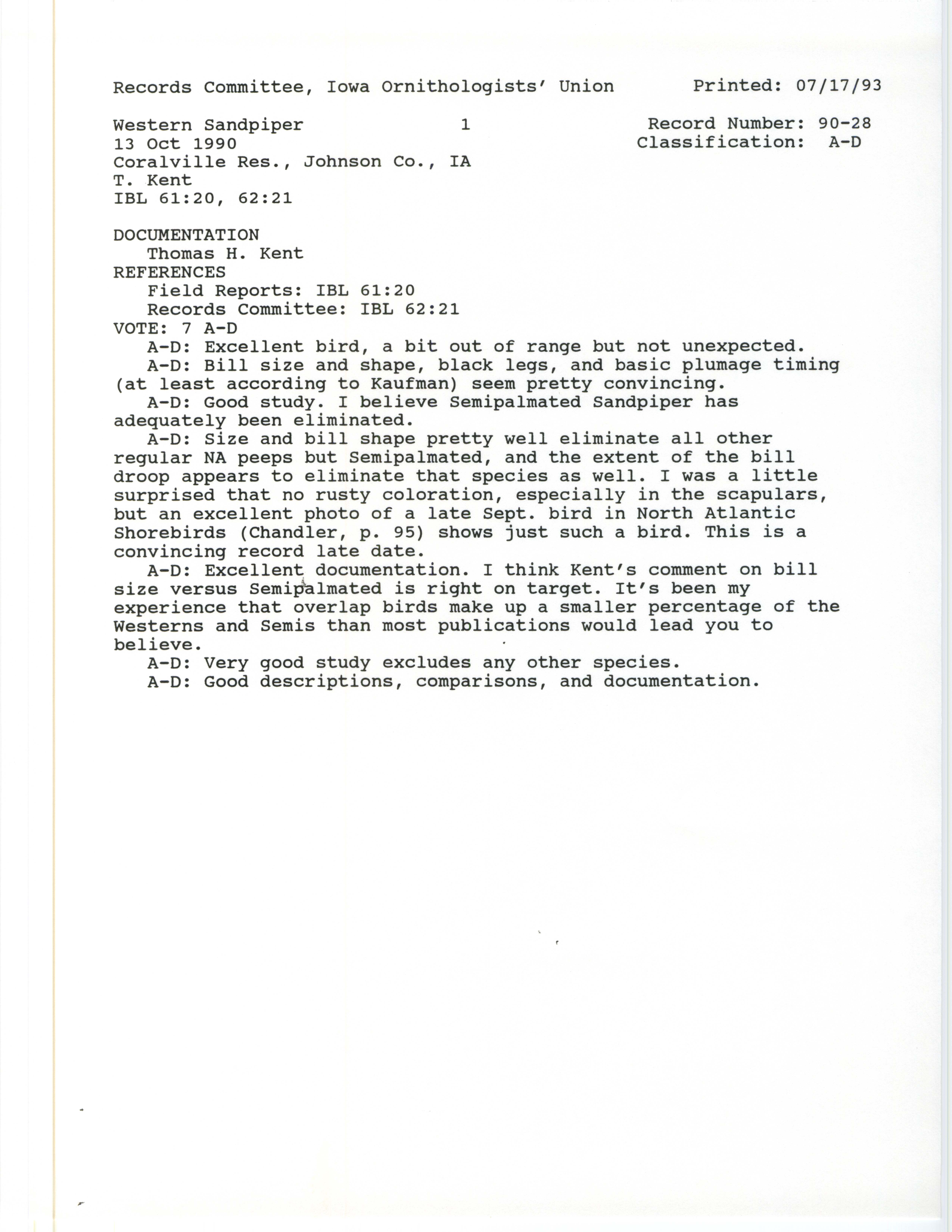 Records Committee review for rare bird sighting of Western Sandpiper at Babcock Access at Coralville Reservoir, 1990