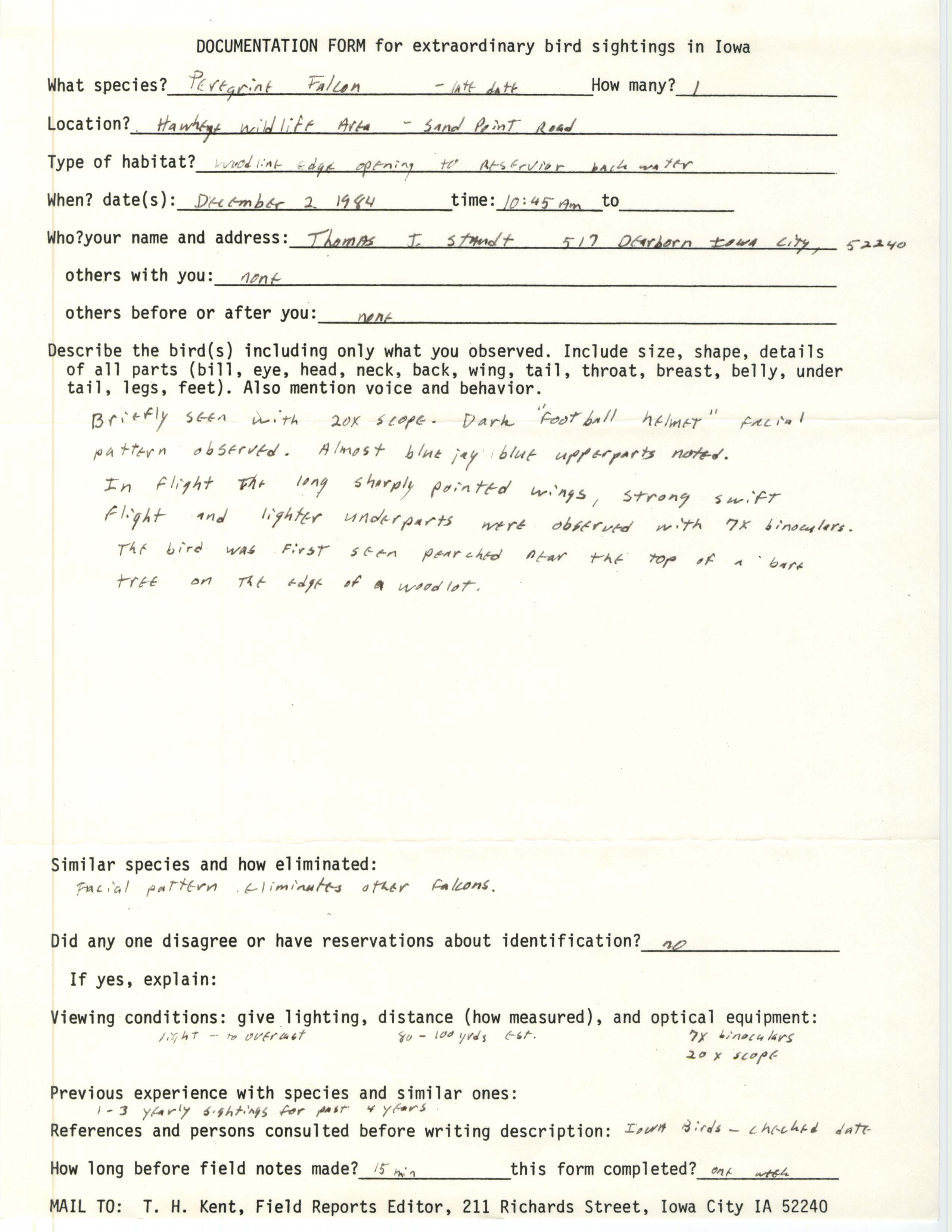 Rare bird documentation form for Peregrine Falcon at Sand Point in Hawkeye Wildlife Area, 1984