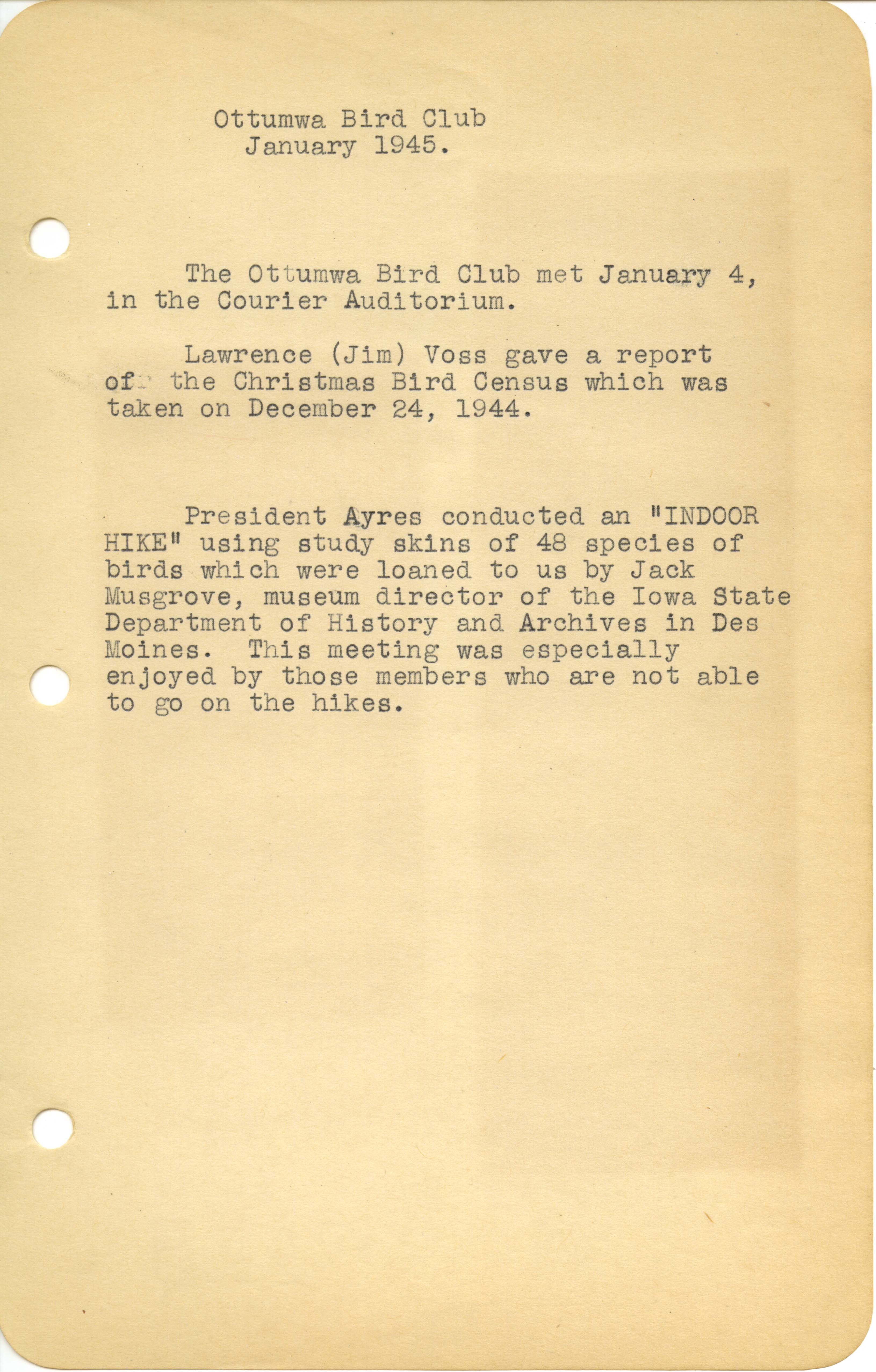 Ottumwa Bird Club meeting minutes, January 4, 1945