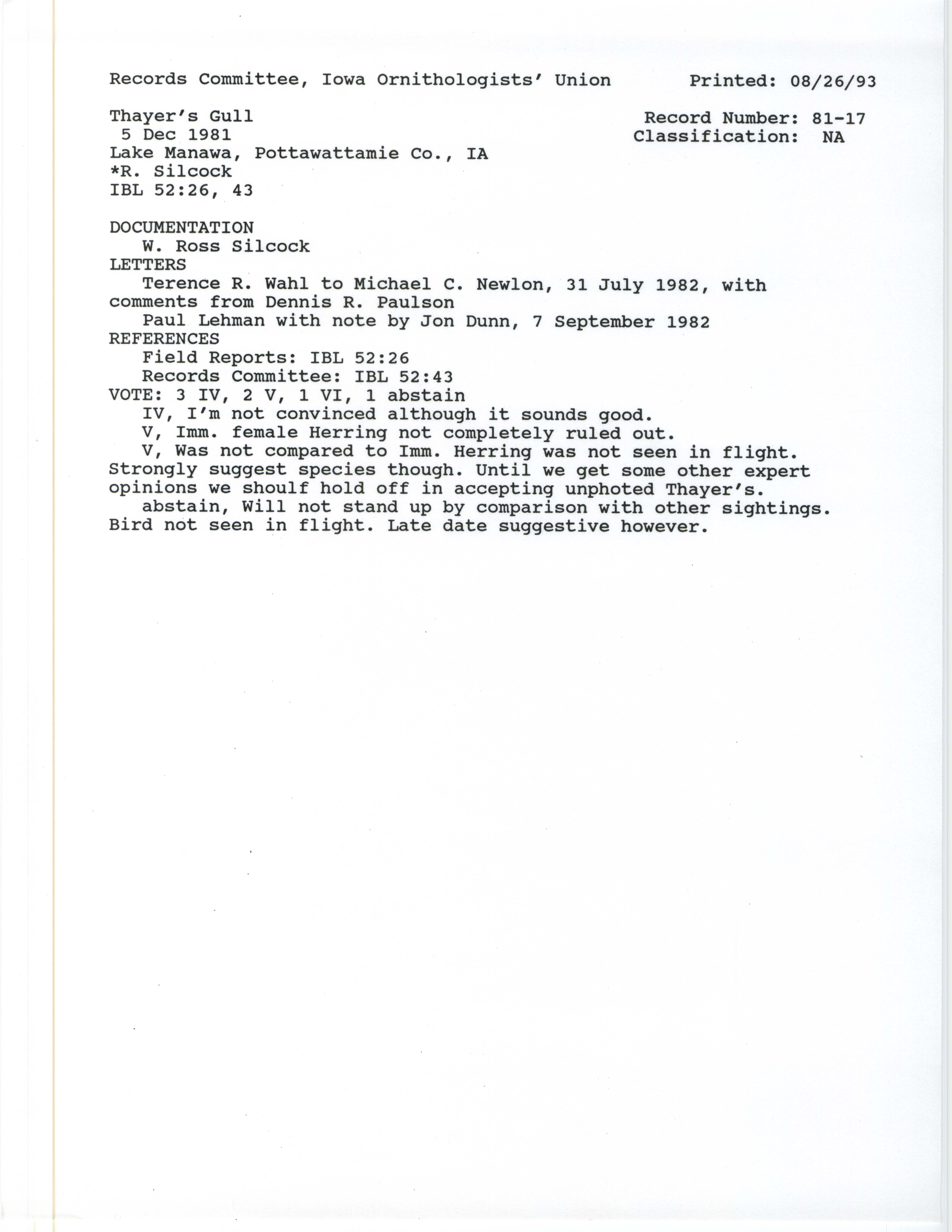 Records Committee review for rare bird sighting of Thayer's Gull at Lake Manawa, 1981