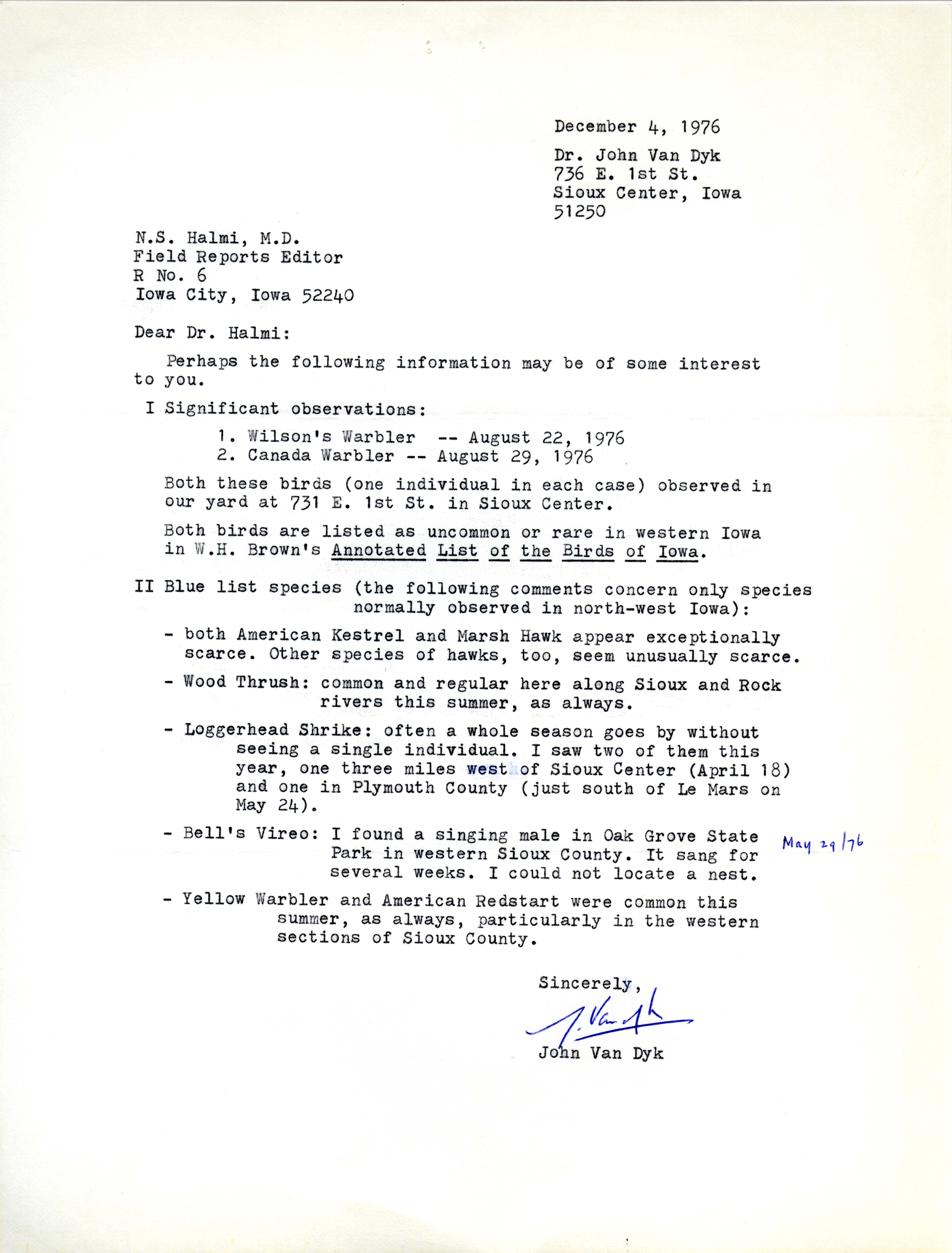 John Van Dyk letter to Nicholas S.Halmi regarding bird migration, fall 1976