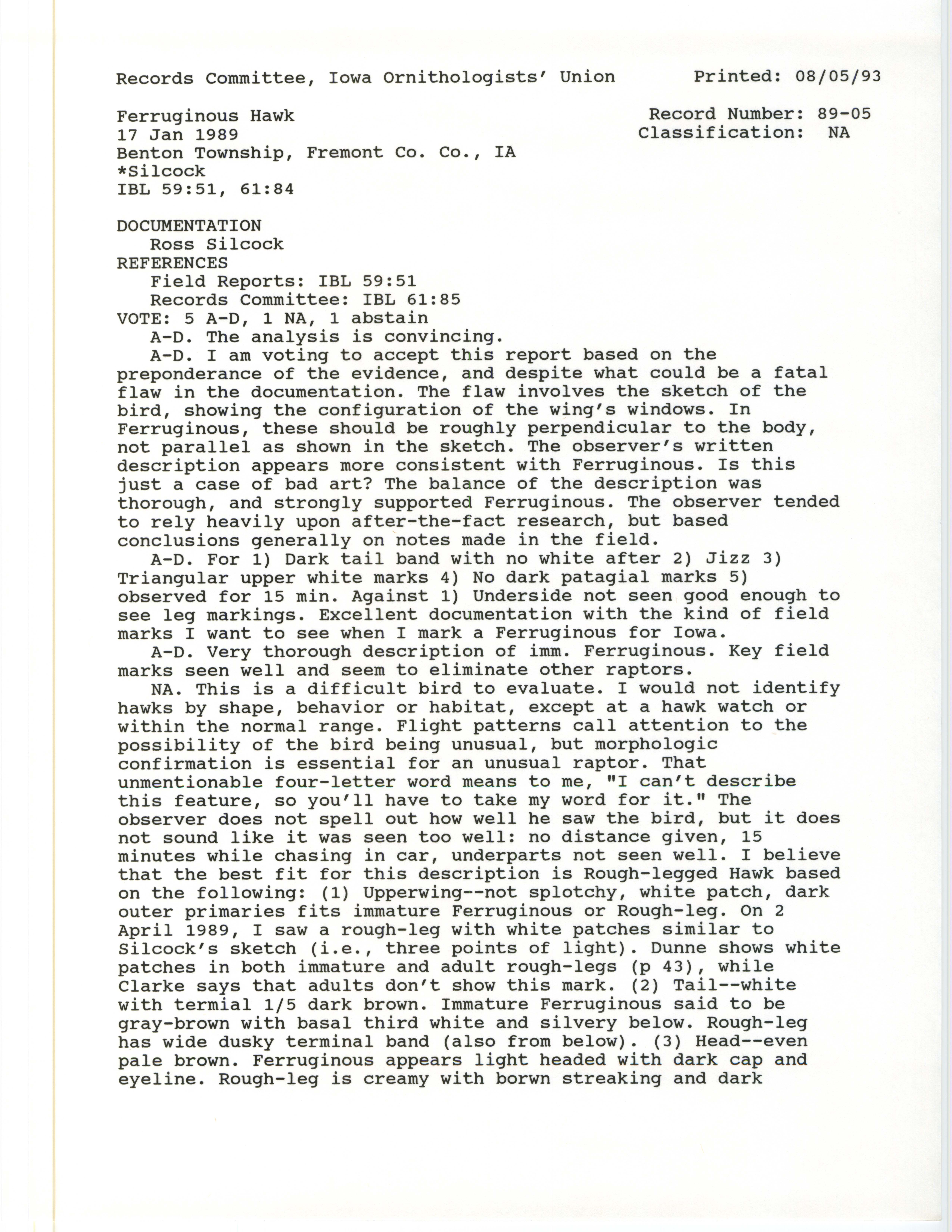Records Committee review for rare bird sighting of Ferruginous Hawk at Benton Township in Fremont County, 1989