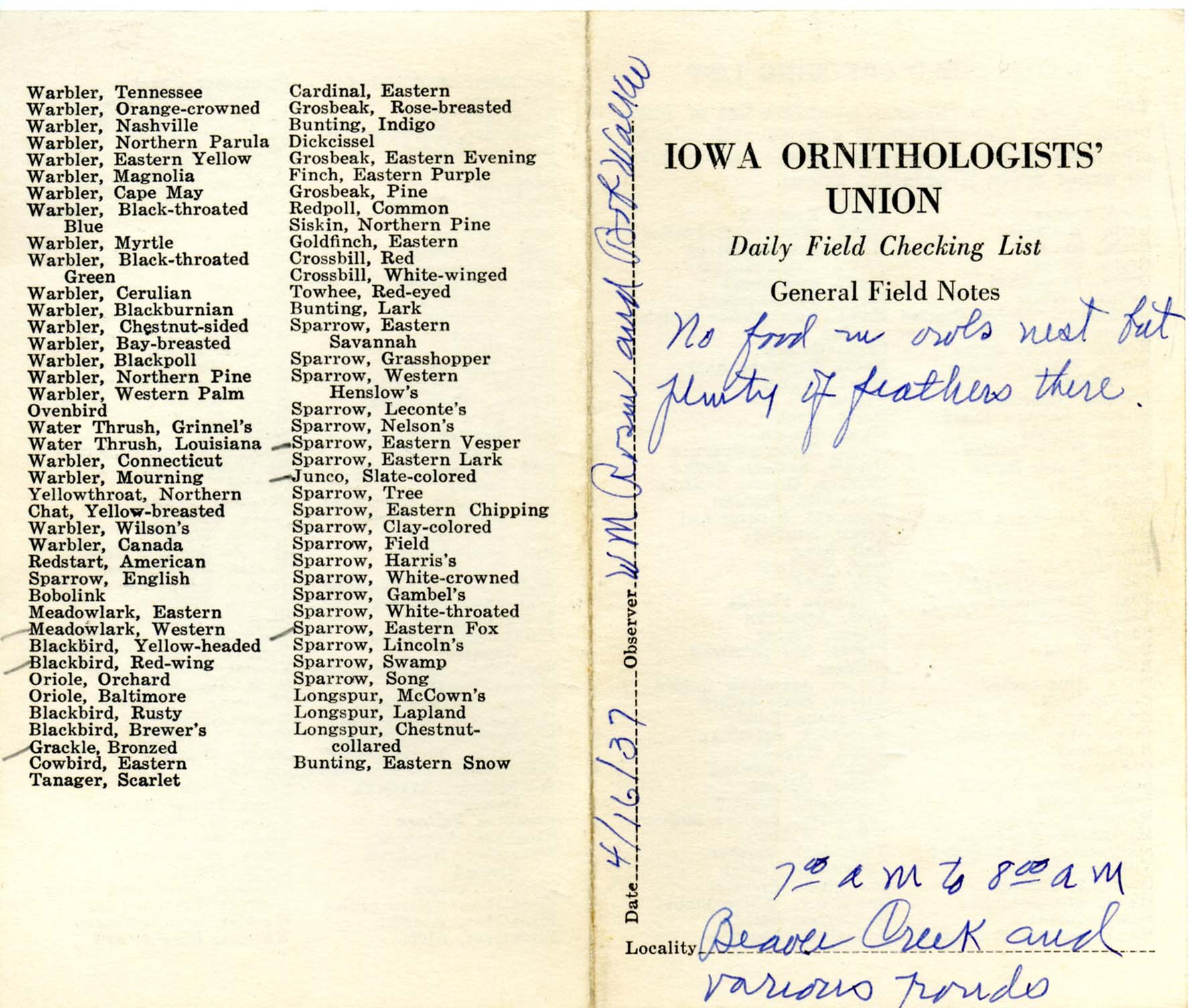 Daily field checking list by Walter Rosene, April 16, 1937